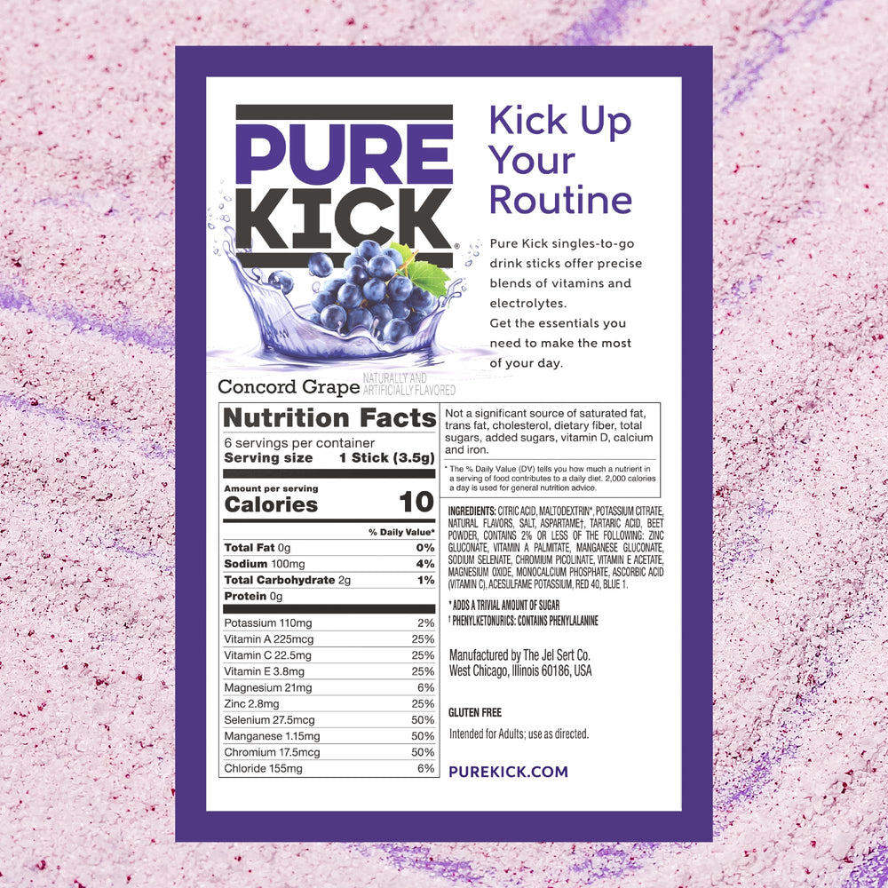 Pure Kick sobre abierto con polvo morado, visualizando textura y disolución fácil