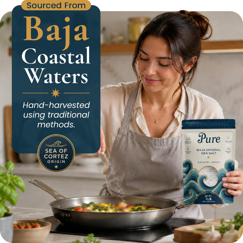 Pure Sea Salts bol con sal gruesa lista para cocinar y sazonar