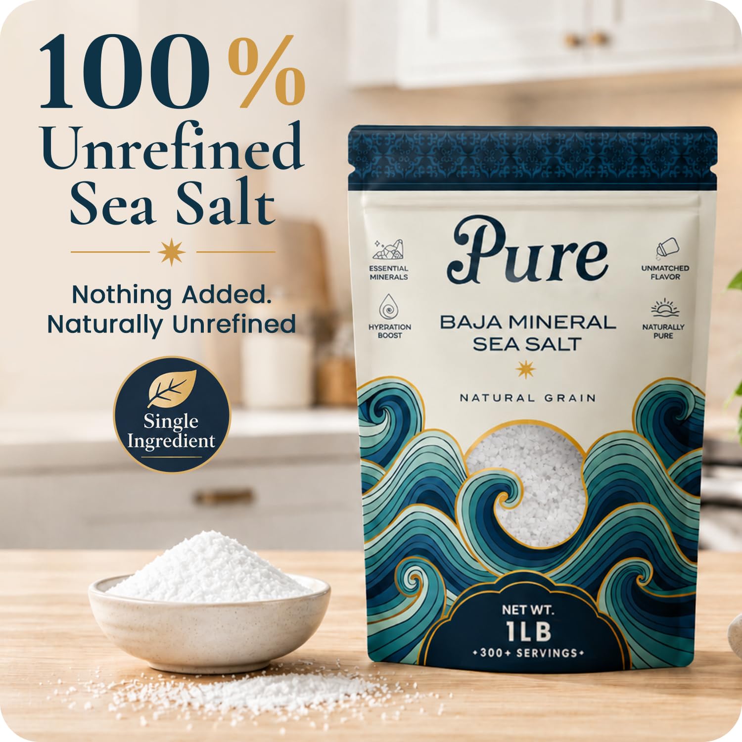 Pure Sea Salts primer plano de cristales gruesos que revelan textura rica