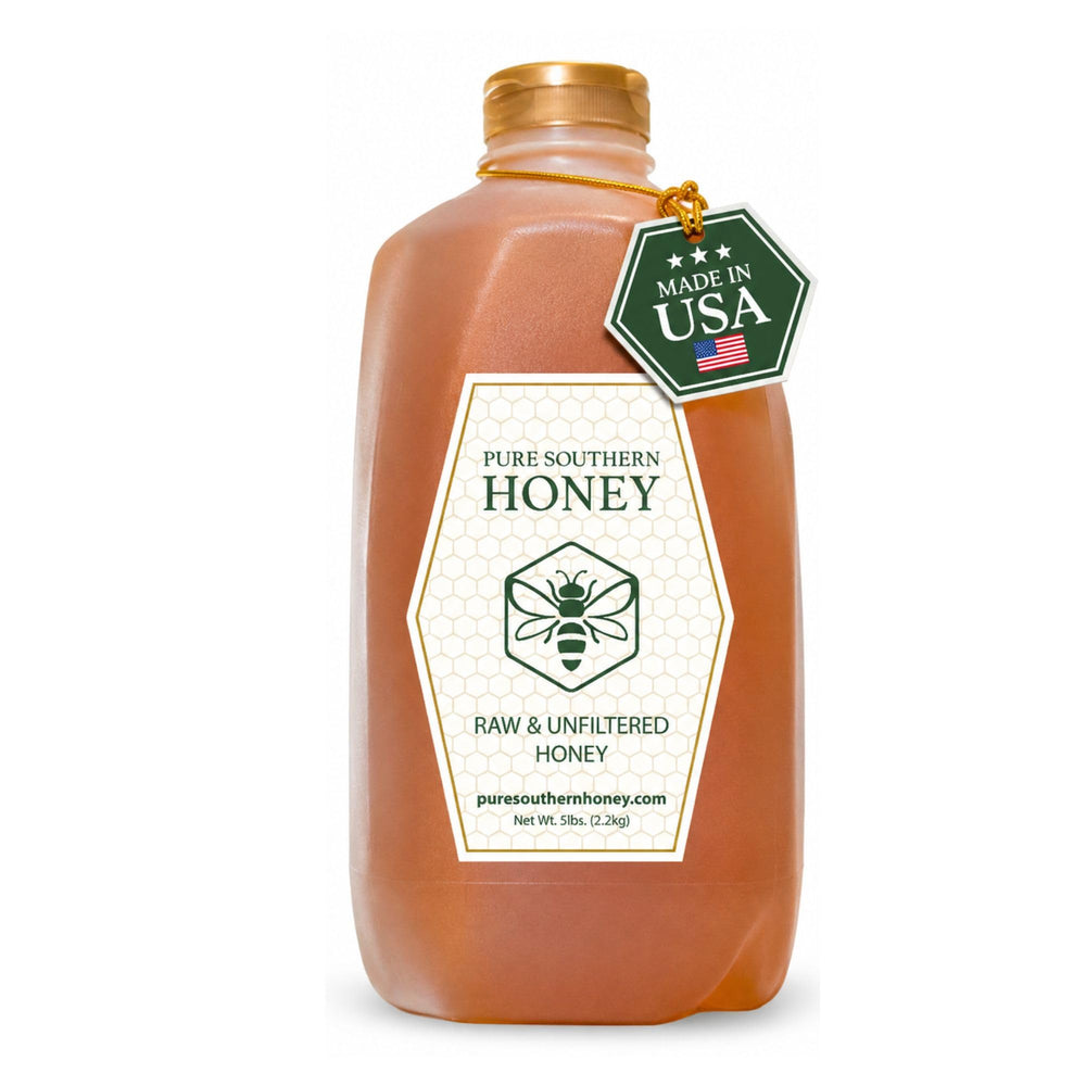 Pure Southern Honey frasco frontal de 5 libras mostrando color dorado y sello artesanal