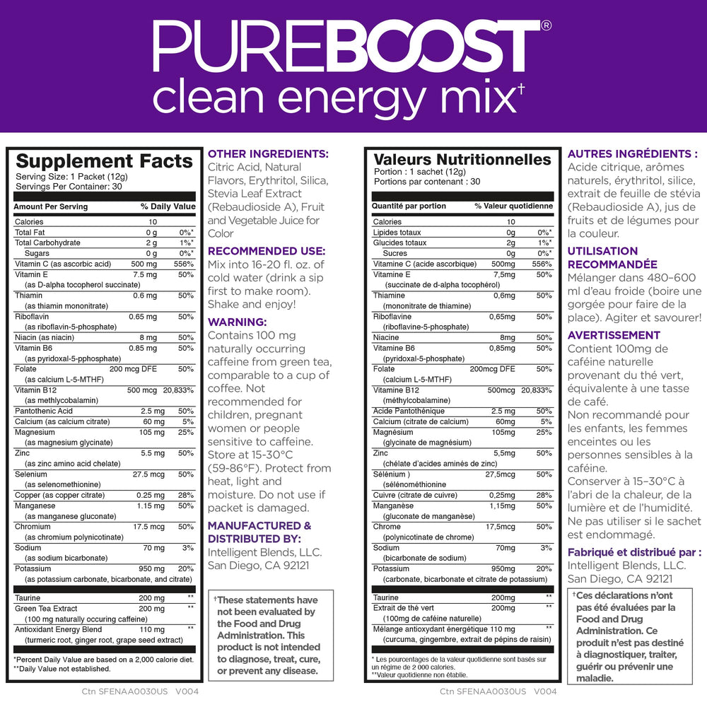 Sobre individual de Pureboost Acai Alert listo para llevar y preparar en agua
