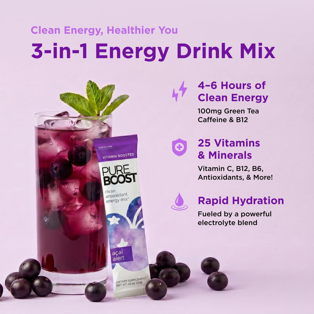 Vaso con bebida Pureboost Acai Alert preparado y refrescante listo para beber