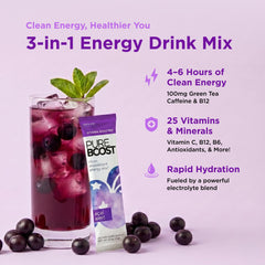 Vaso con bebida Pureboost Acai Alert preparado y refrescante listo para beber