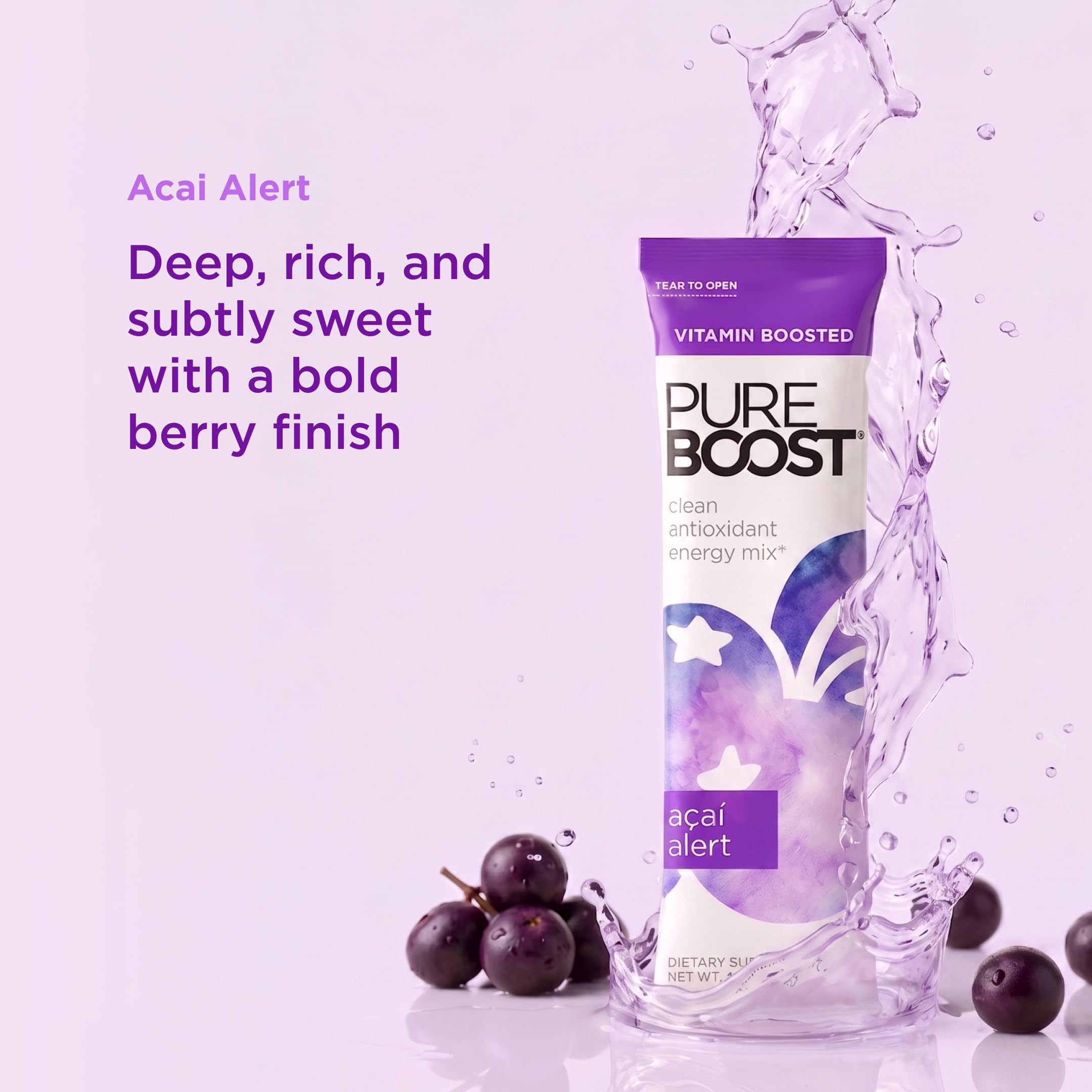 Textura del polvo Pureboost acai mostrando gránulos finos y fácil disolución