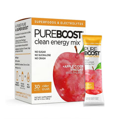 Pureboost caja 30 sobres mostrando el frente y beneficios del formato portable
