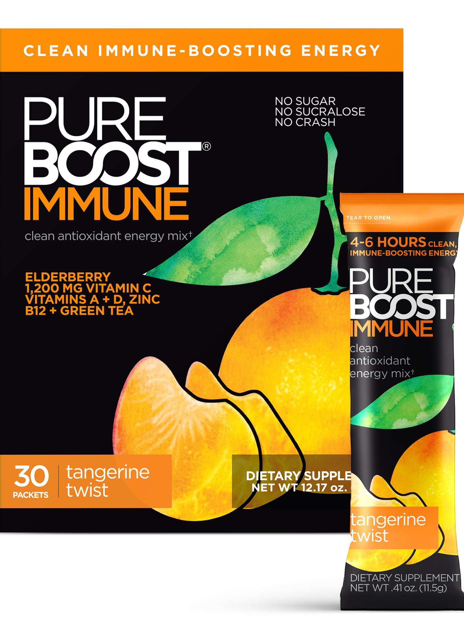 Pureboost empaque frontal tangerina mostrando 30 sobres y beneficio de energía limpia