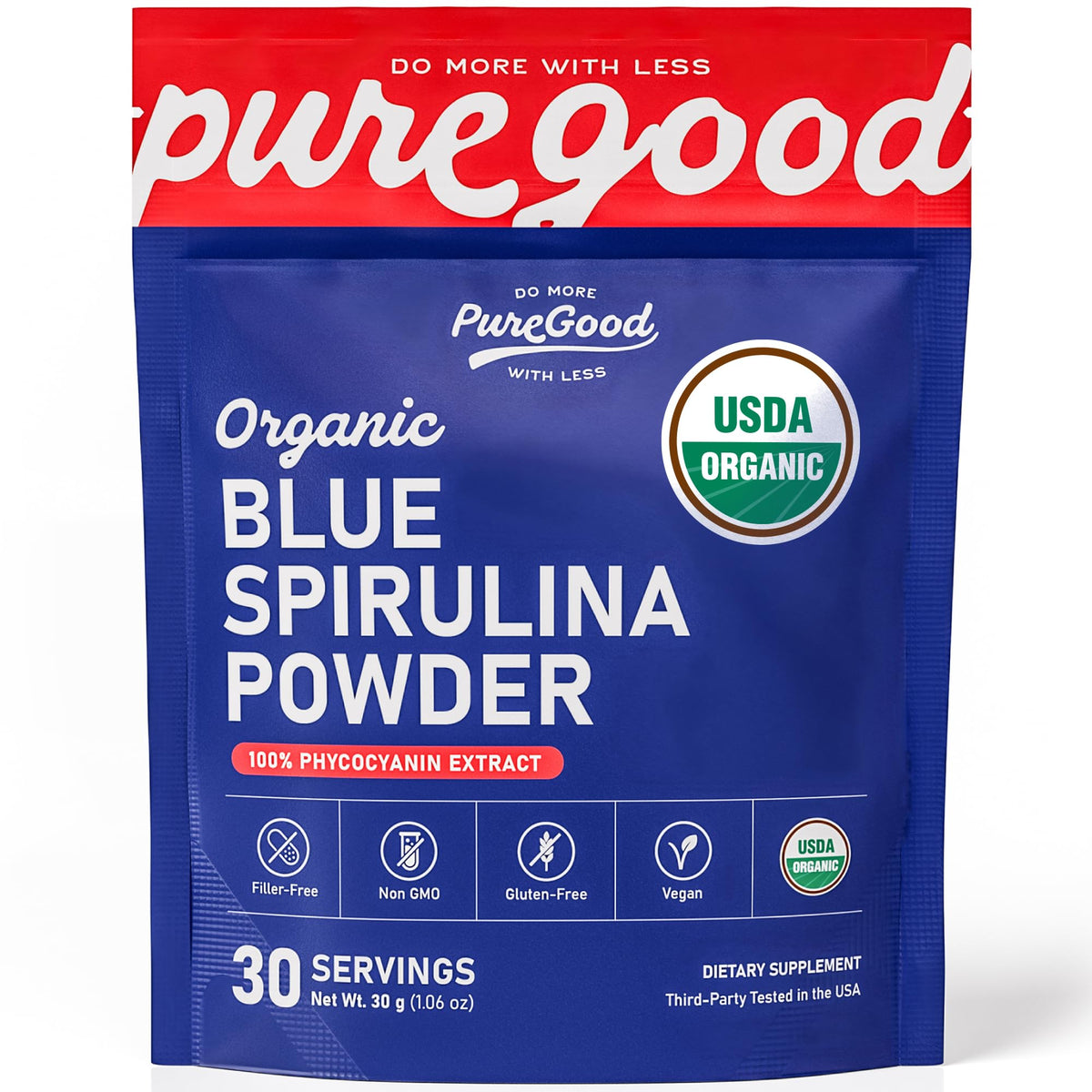 PureGood espirulina azul vista frontal, color natural vibrante