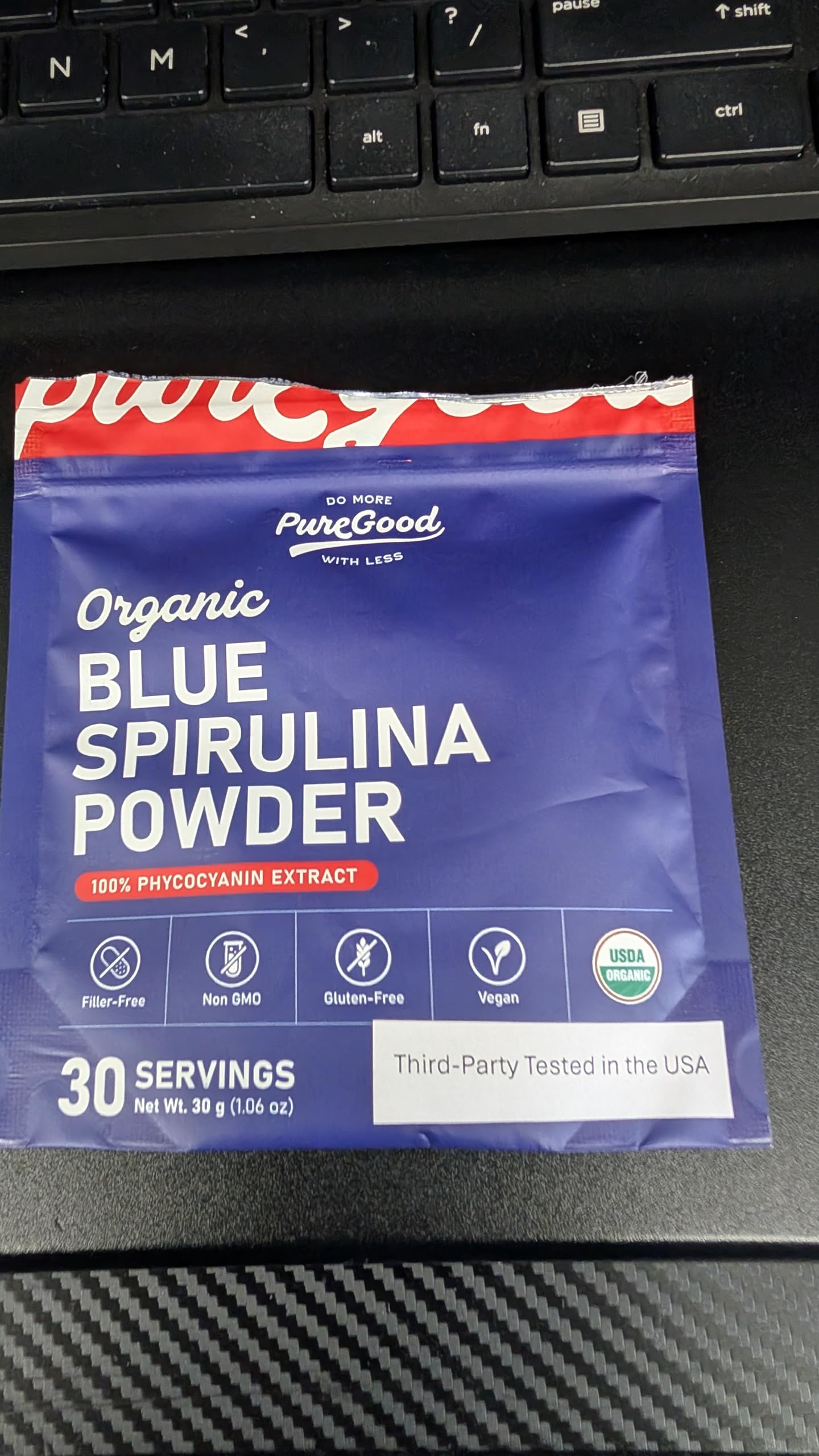 PureGood espirulina azul etiqueta del envase, información clara y natural