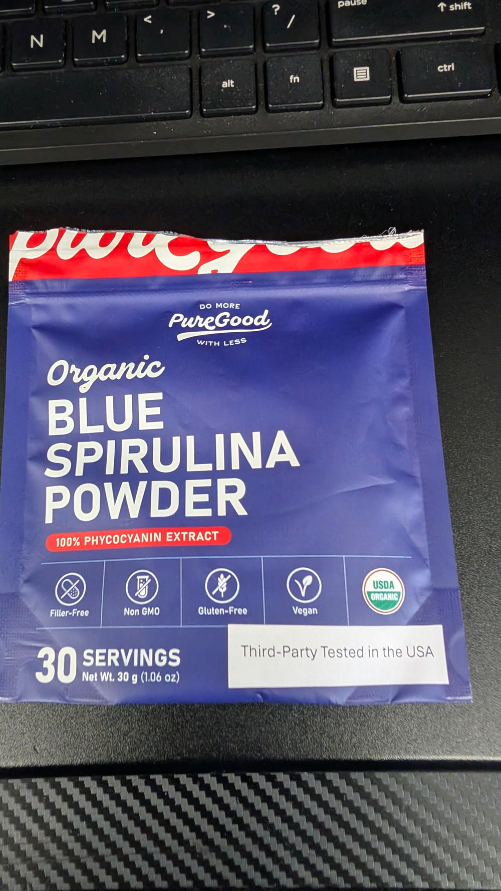 PureGood espirulina azul etiqueta del envase, información clara y natural