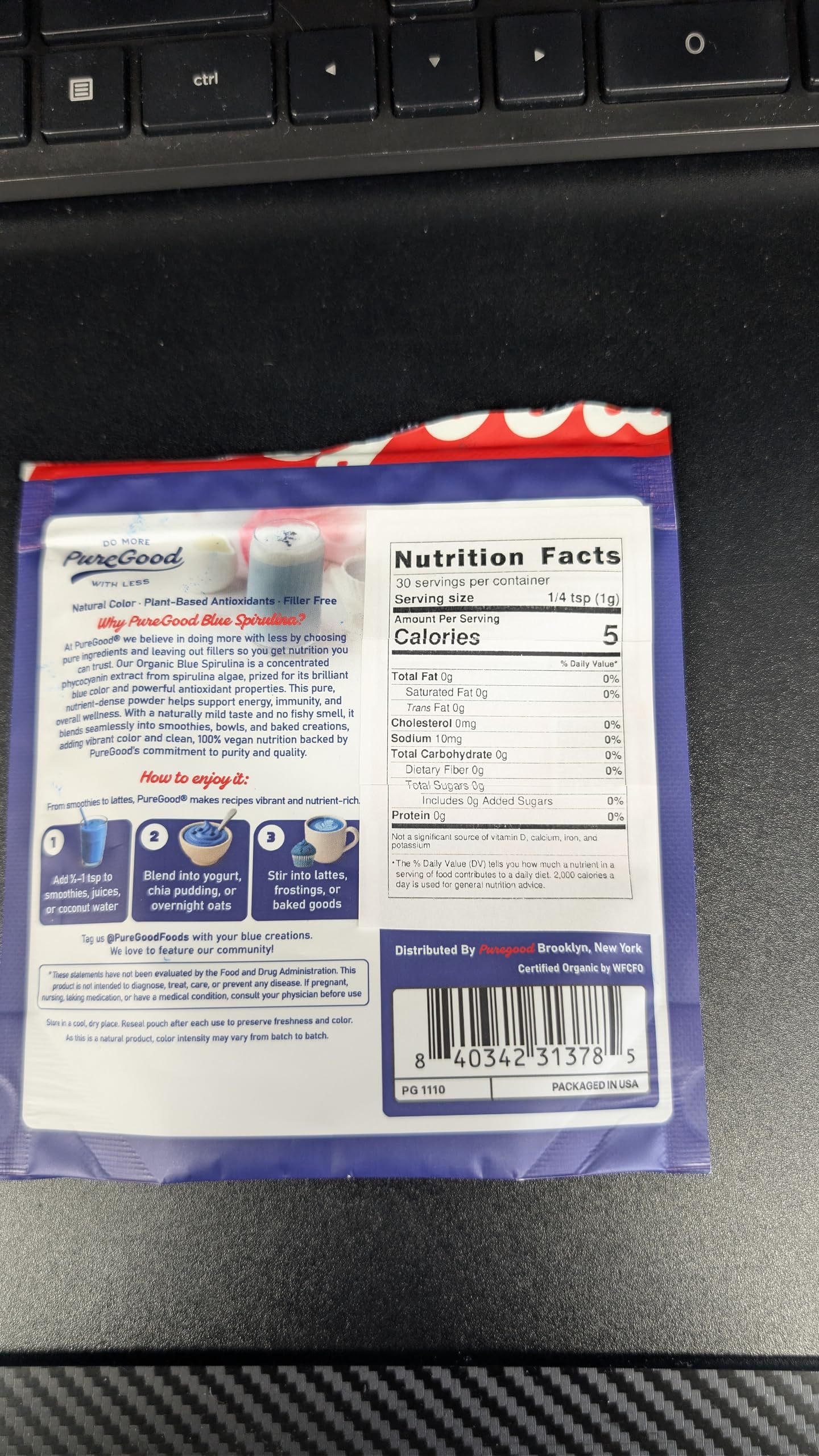 PureGood espirulina azul 30g escala de porción, control preciso de dosis