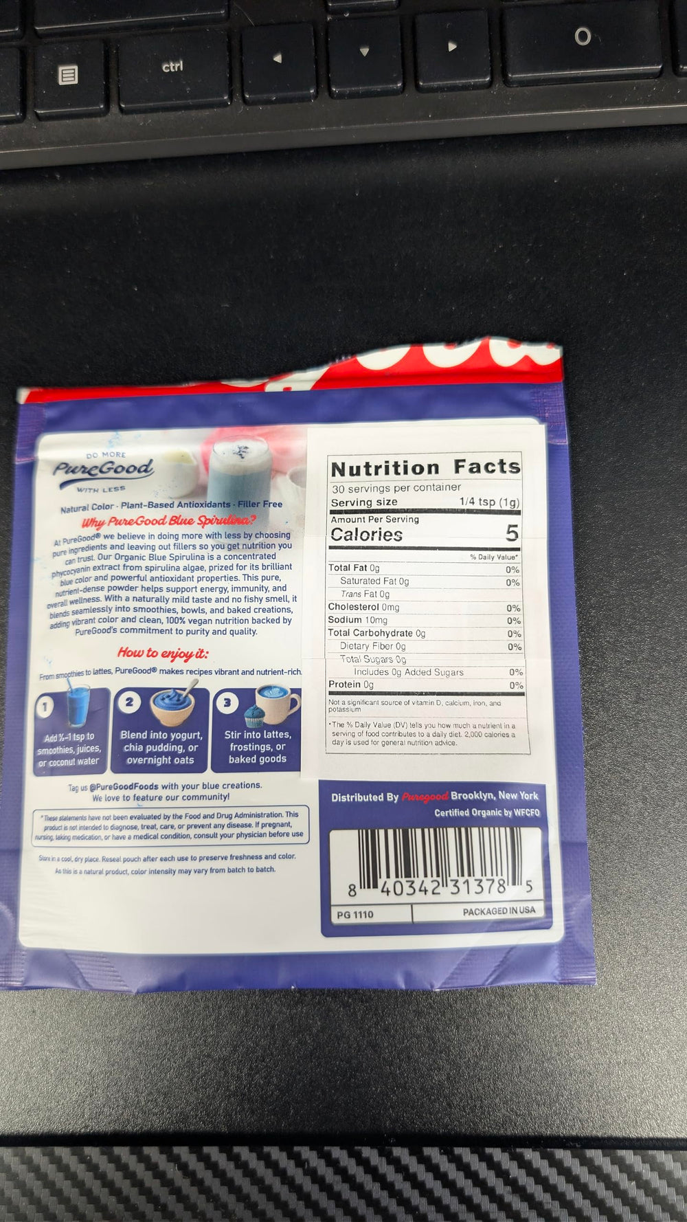 PureGood espirulina azul 30g escala de porción, control preciso de dosis