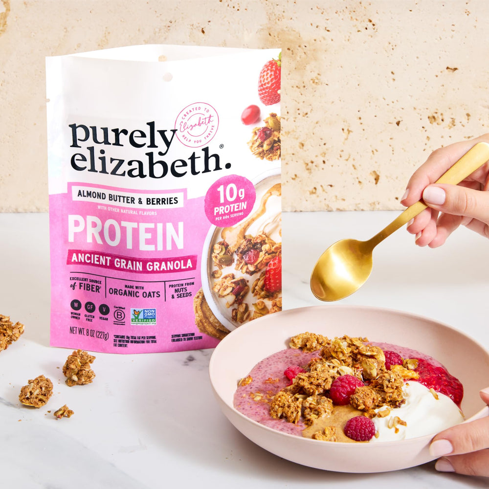 purely elizabeth overnight oats con Almond Butter and Berries, textura cremosa