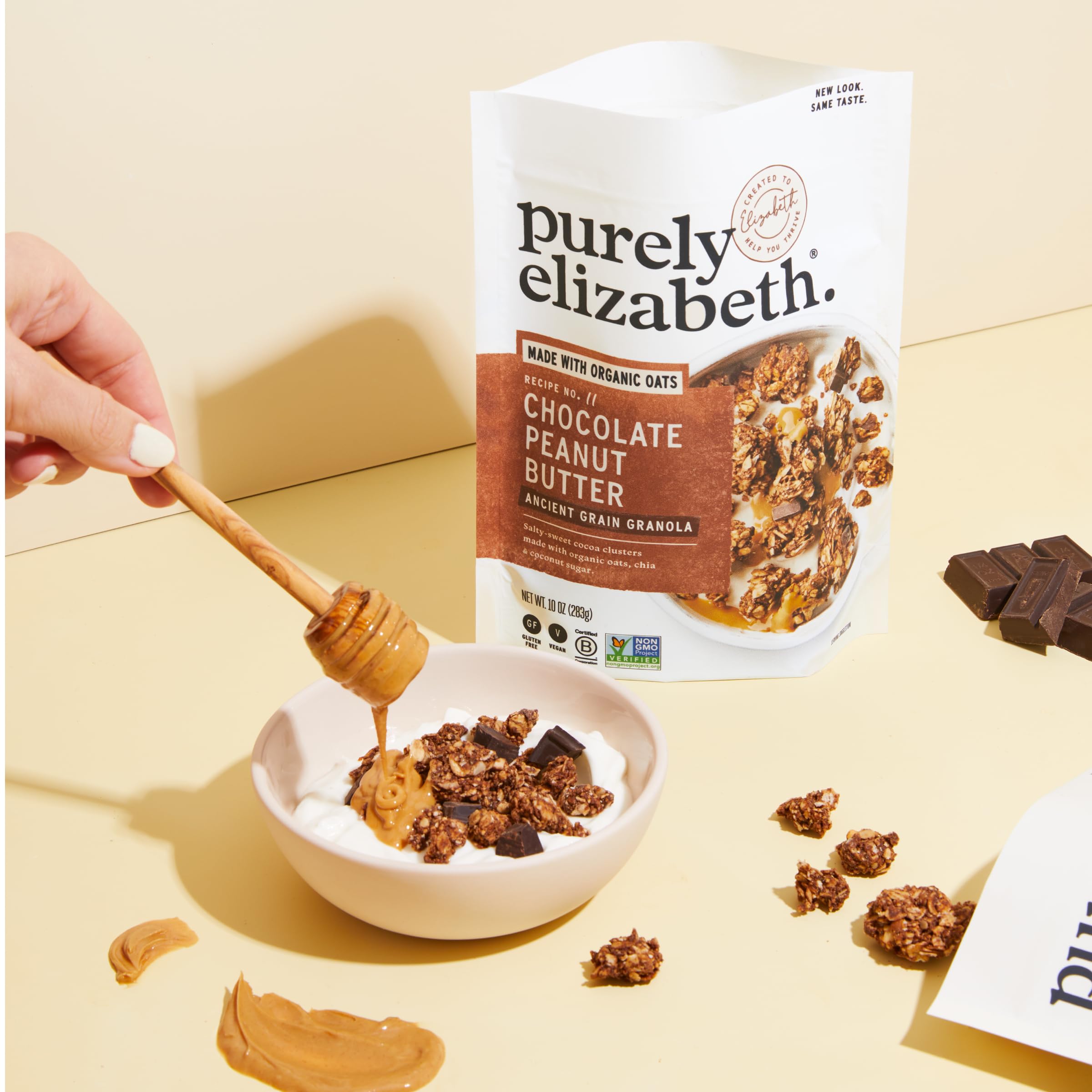 purely elizabeth bolsas abiertas y etiqueta que destaca ingredientes orgánicos