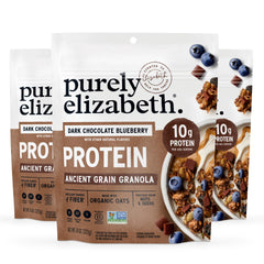 Purely Elizabeth empaque frontal mostrando sabor Dark Chocolate Blueberry y beneficios