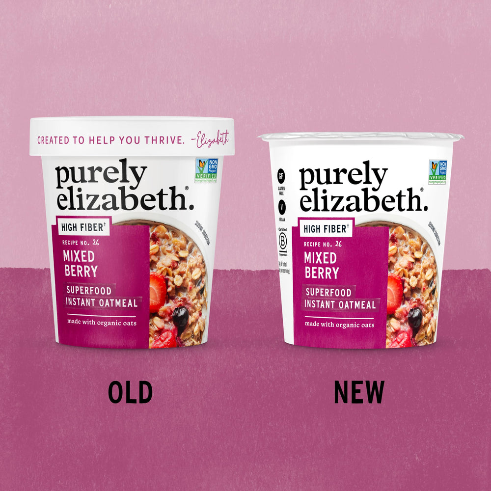 purely elizabeth etiqueta con sellos orgánico, vegano y sin gluten, confianza en ingredientes
