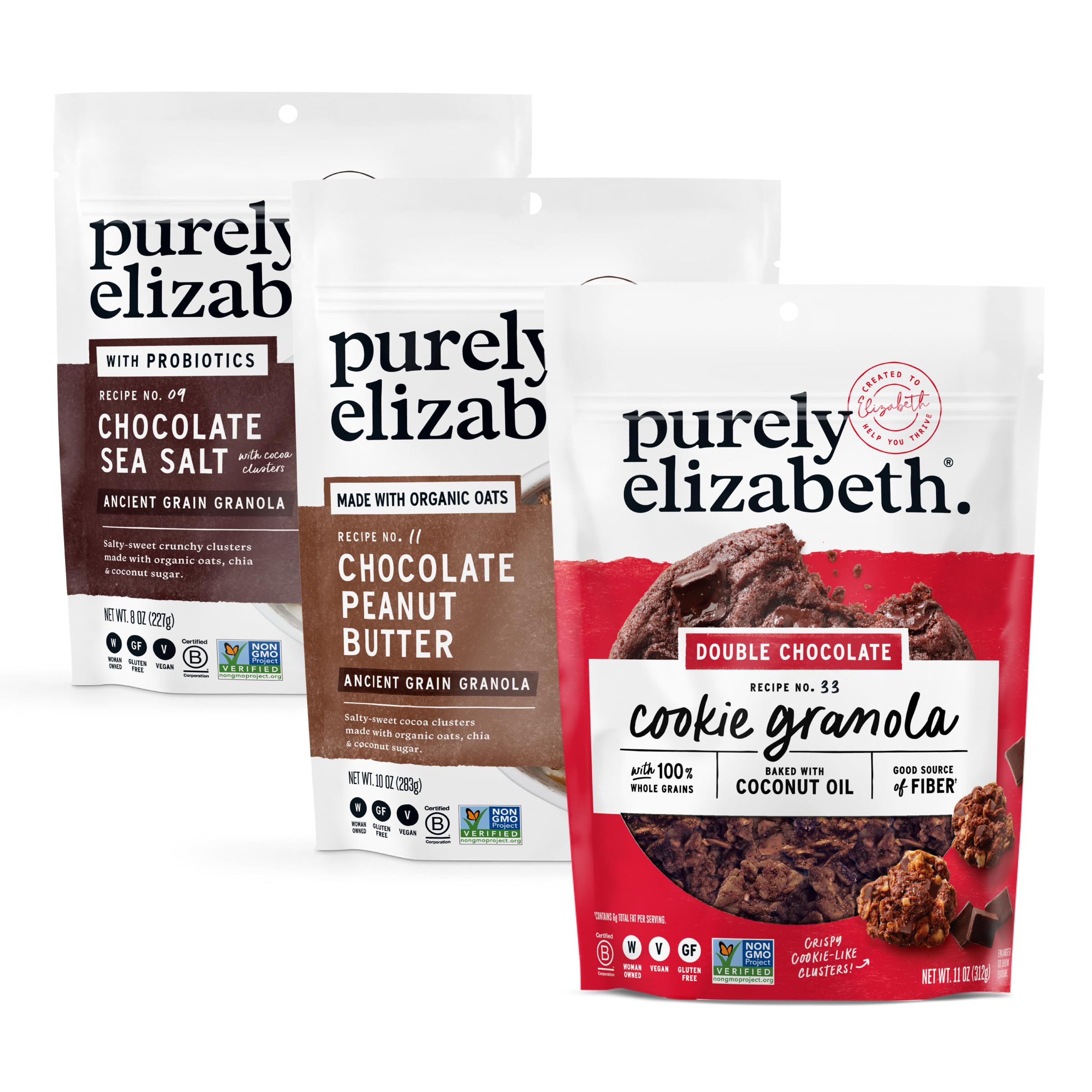 purely elizabeth frente del empaque mostrando variedades y beneficios nutritivos