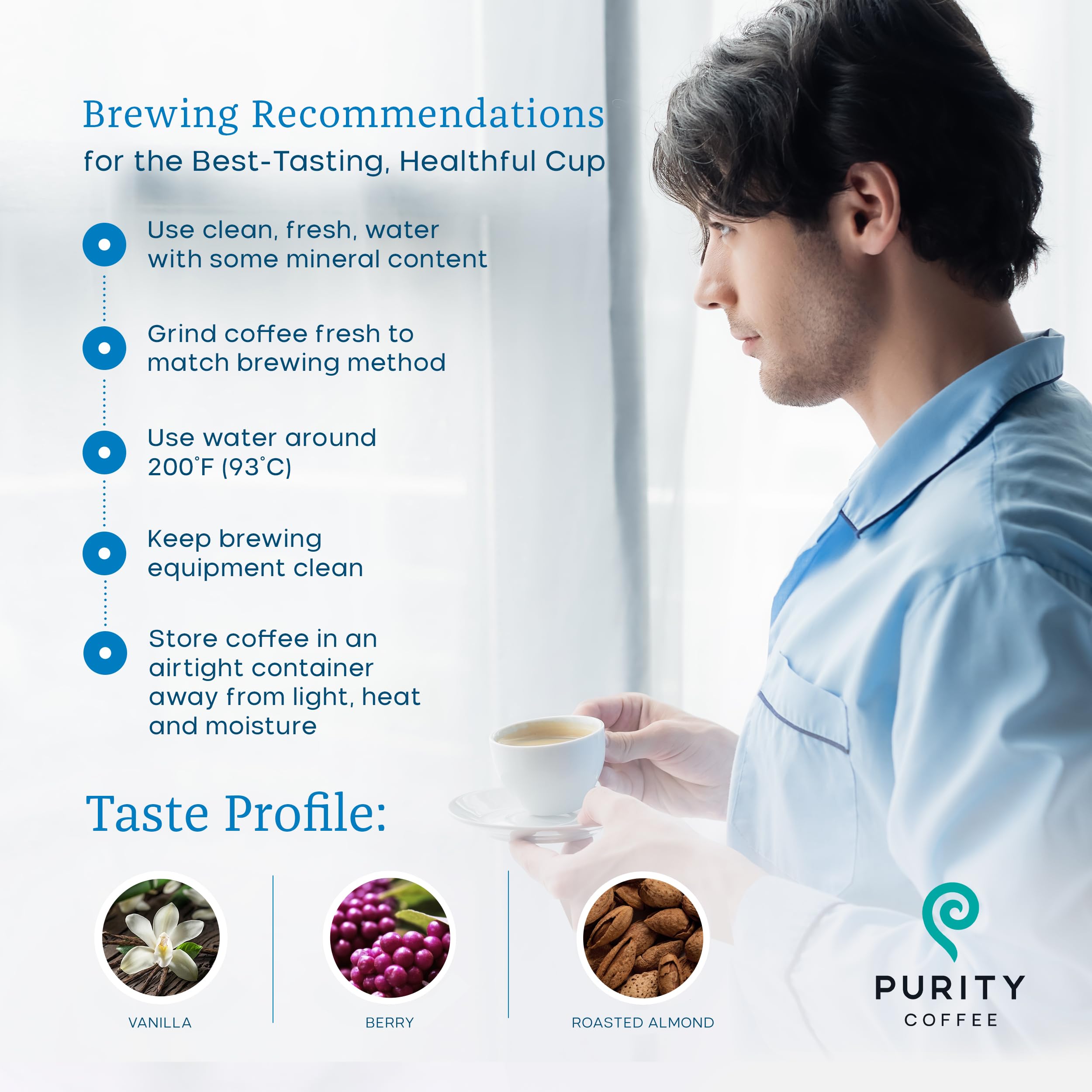 PURITY COFFEE etiqueta BALANCE con sellos USDA, Rainforest Alliance y certificaciones