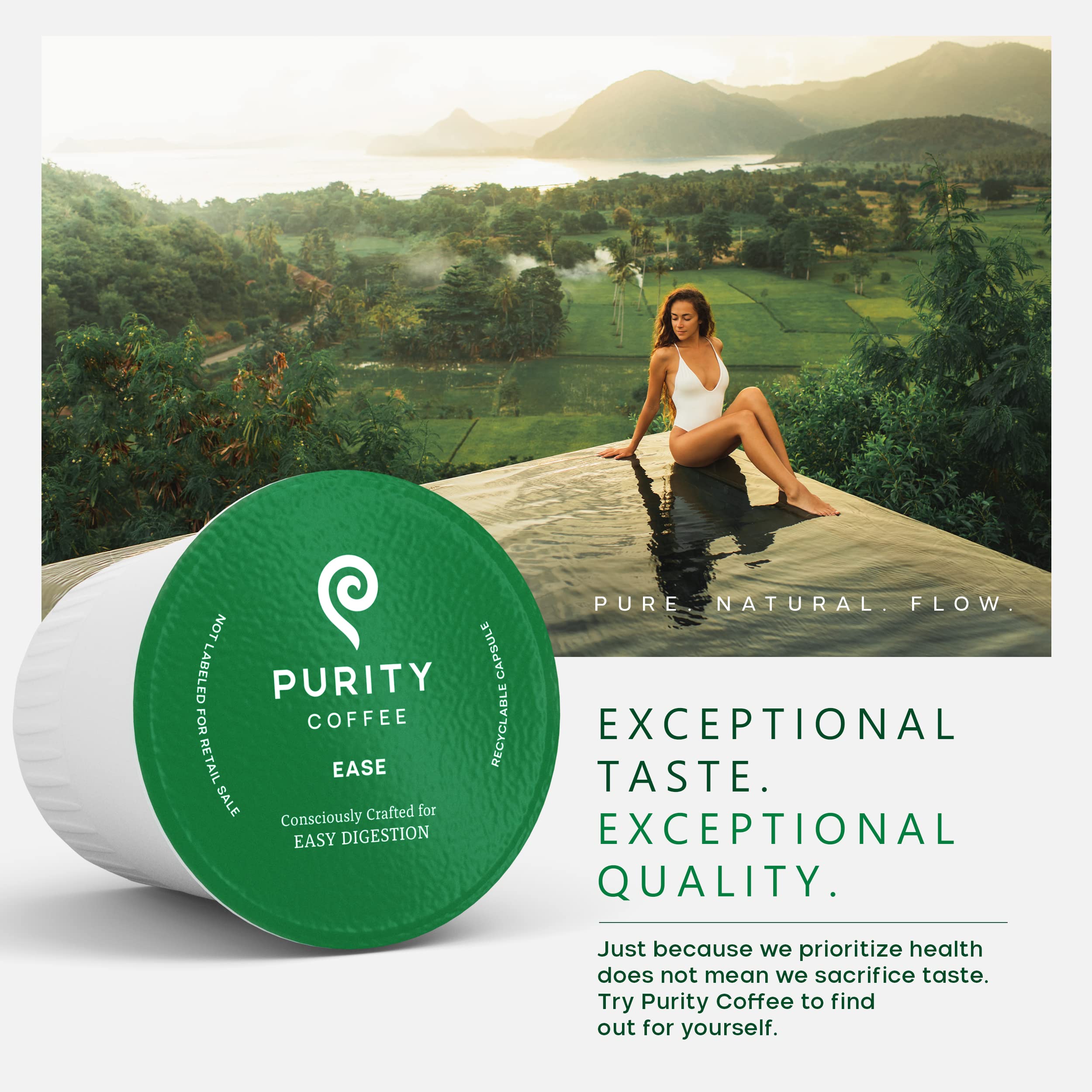 PURITY COFFEE comparación de caja con mano para escala y cantidad de cápsulas