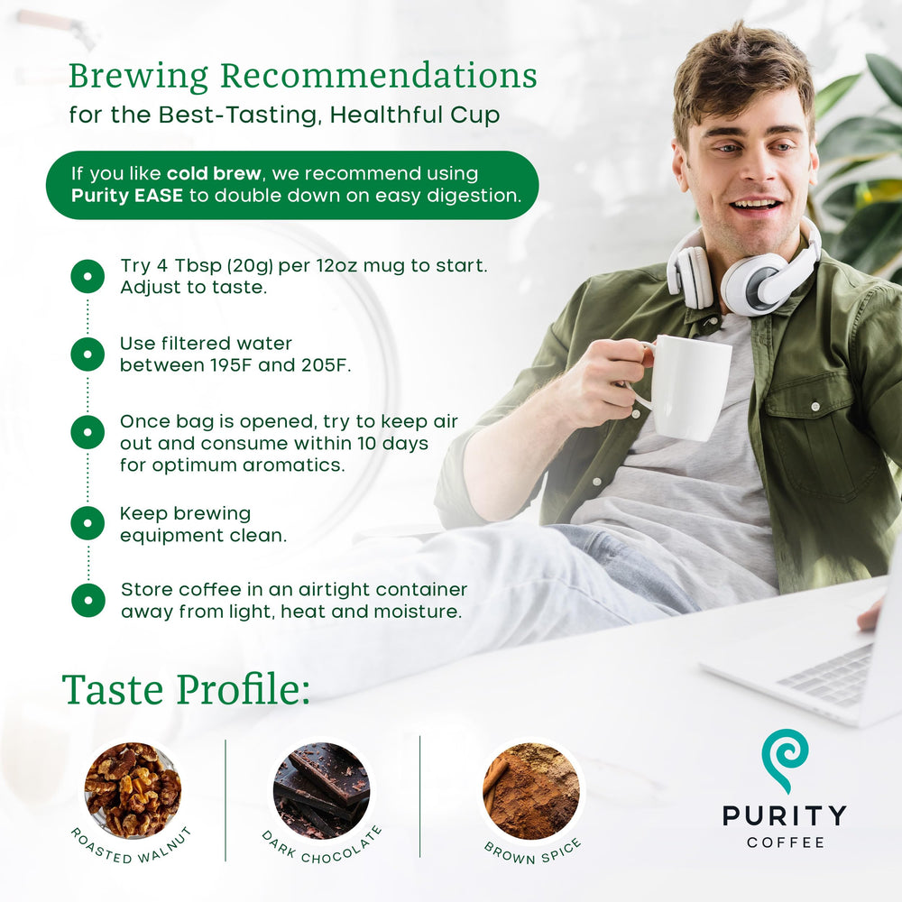PURITY COFFEE EASE etiqueta con certificaciones orgánicas y sostenibles