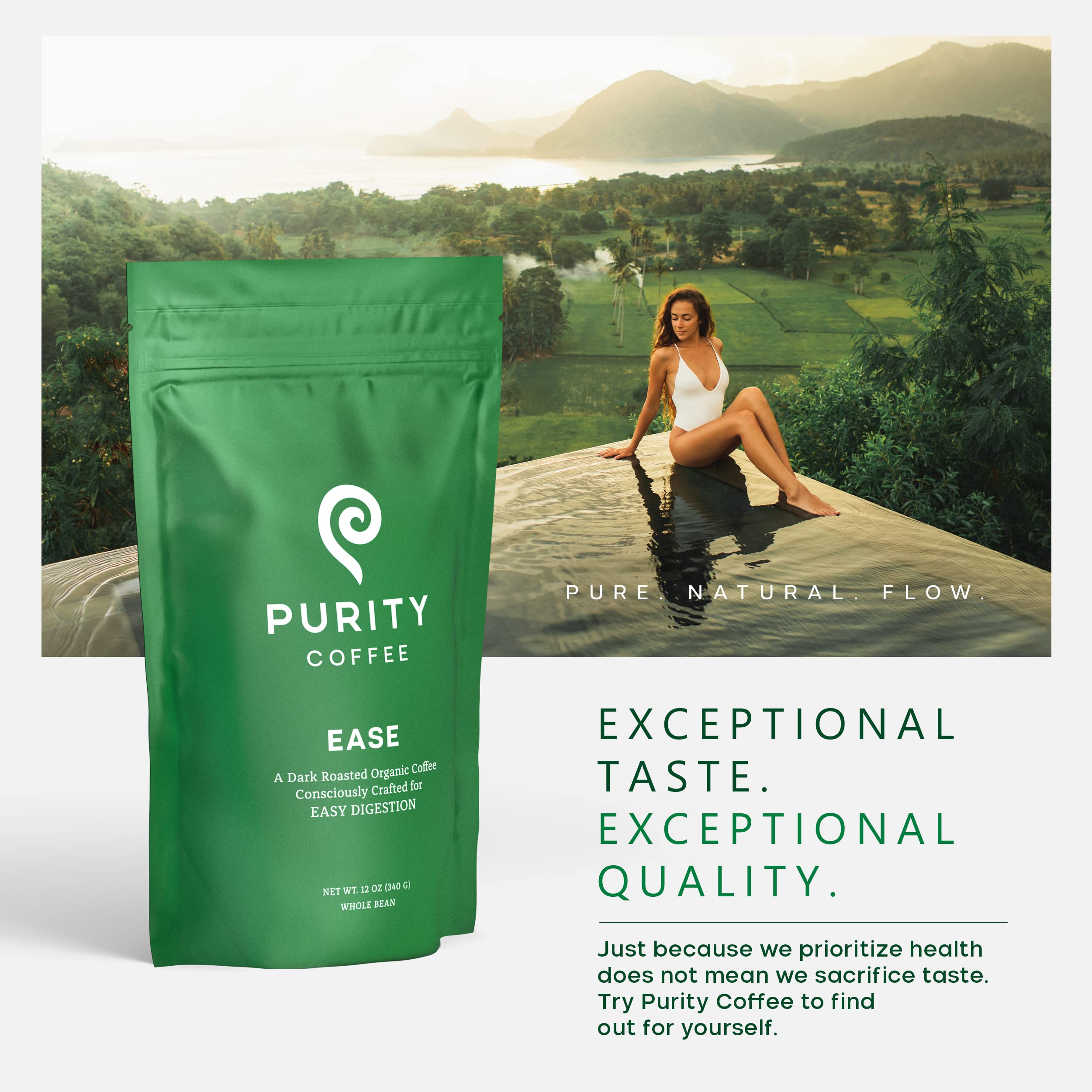 PURITY COFFEE etiqueta con certificaciones orgánicas y sostenibles claras