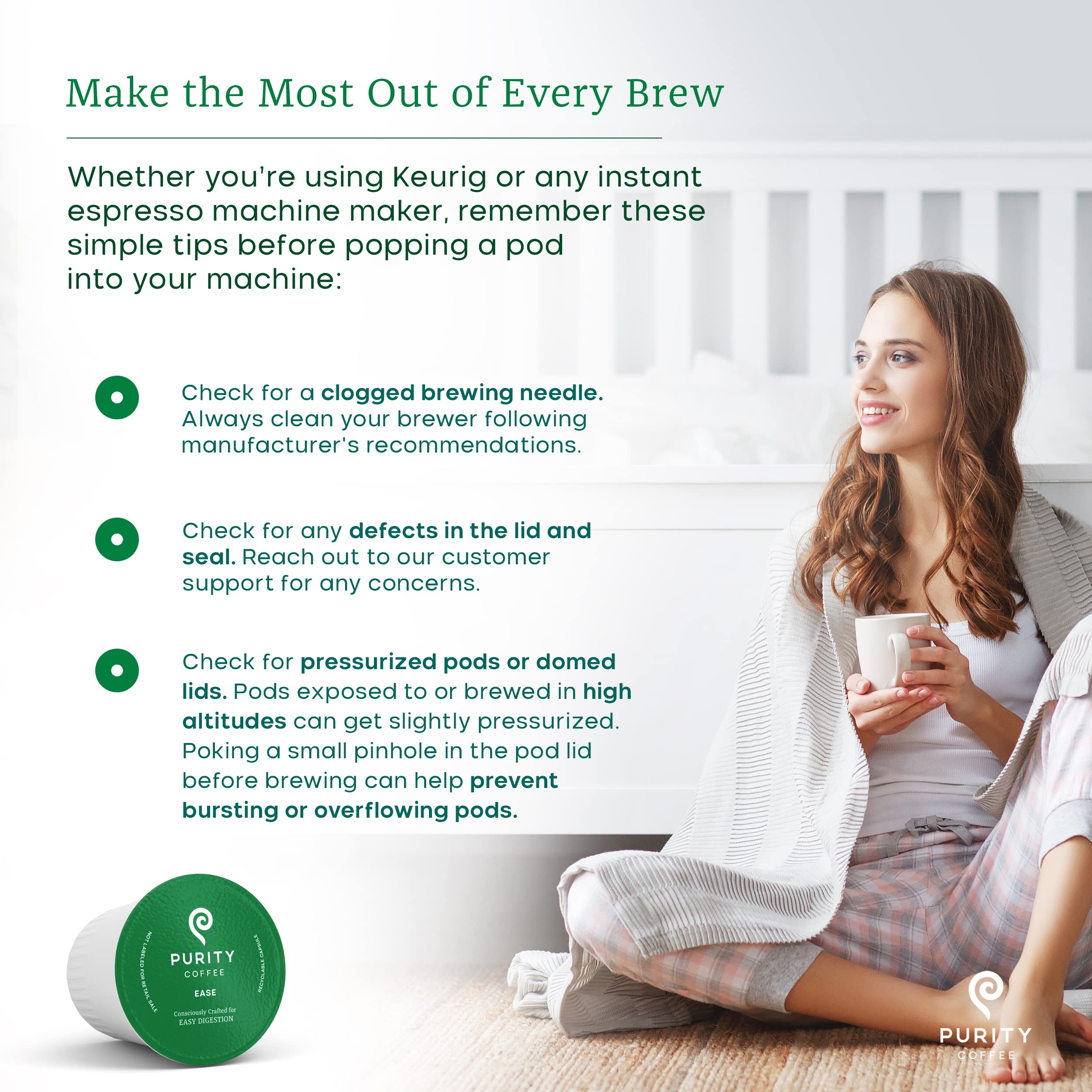 PURITY COFFEE etiqueta con certificaciones orgánicas y sostenibles visibles