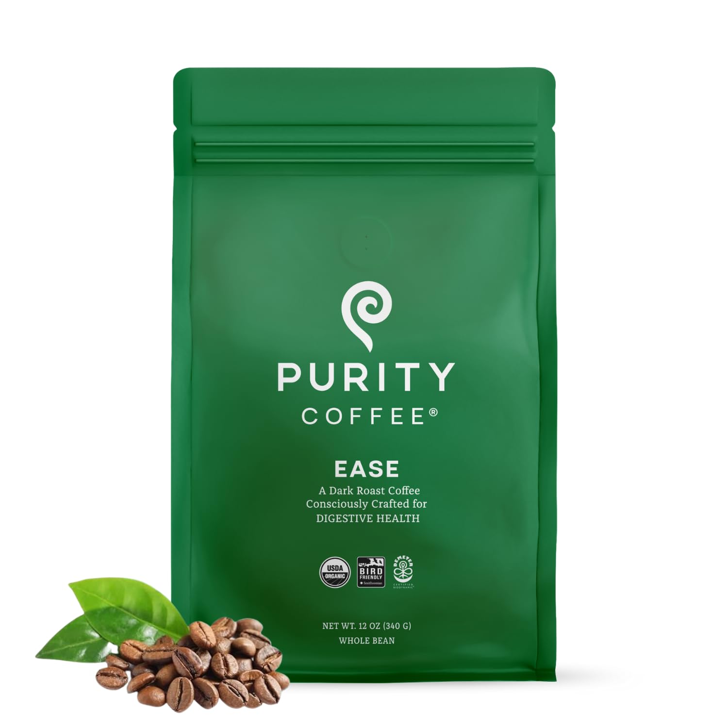 PURITY COFFEE bolsa frontal mostrando 12oz y diseño, calidad visible
