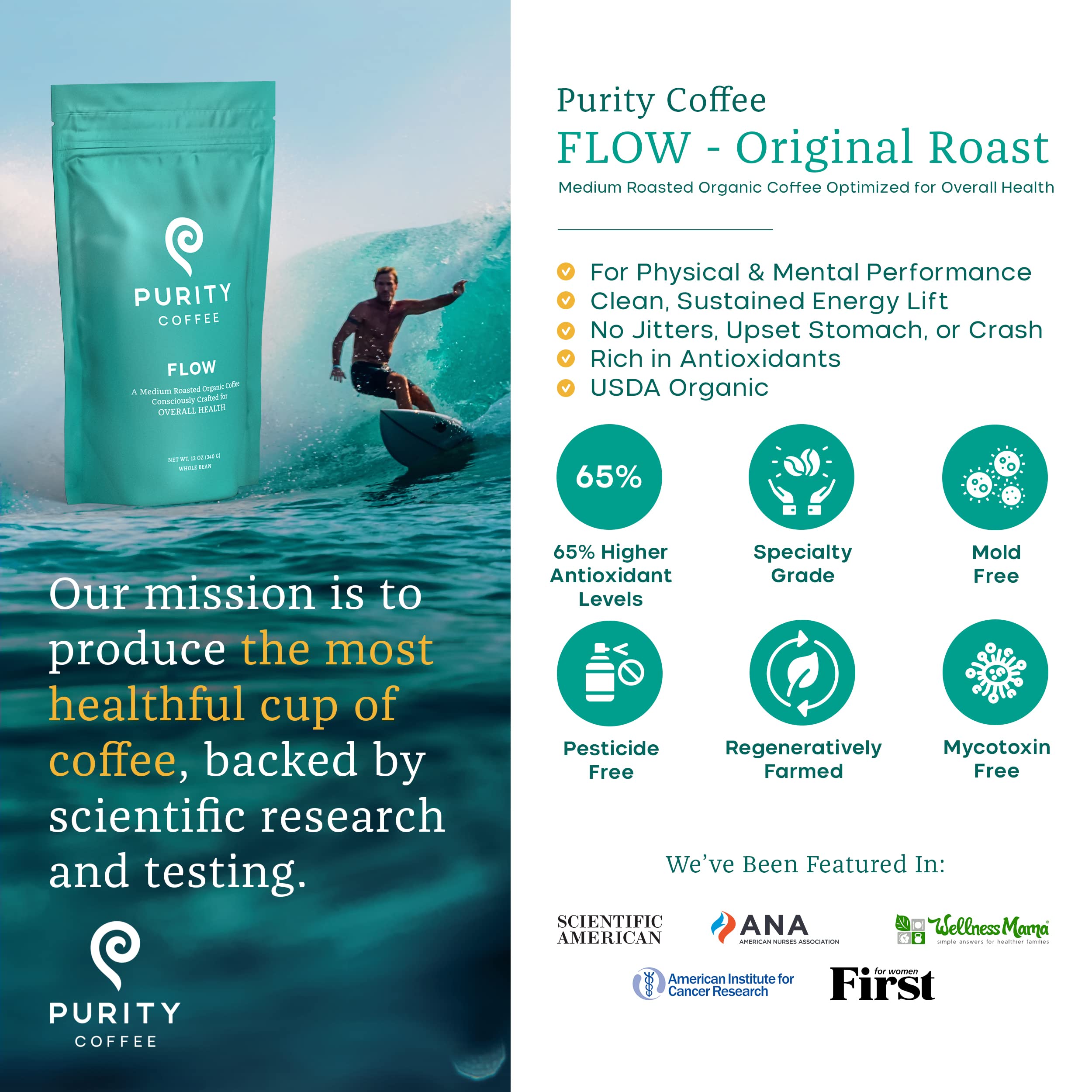 PURITY COFFEE café molido en taza cerámica listo para beber con aroma intenso