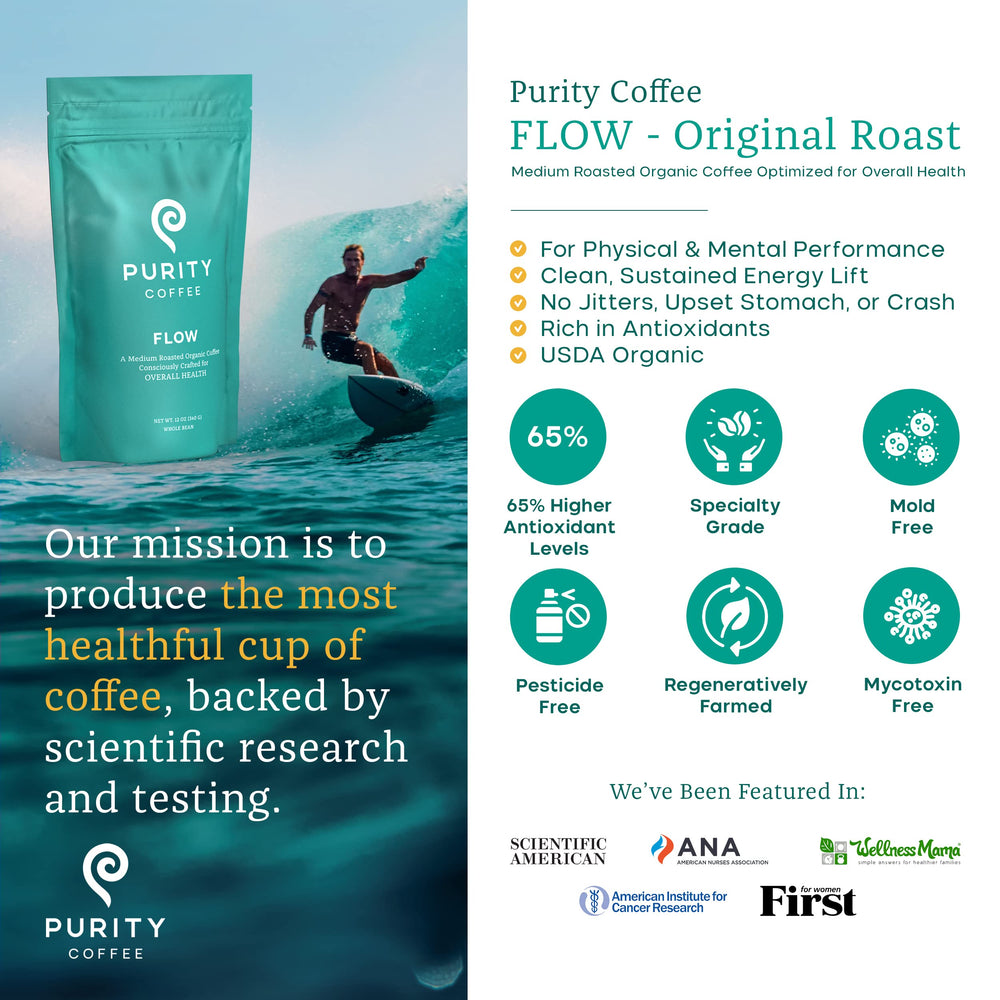 PURITY COFFEE café molido en taza cerámica listo para beber con aroma intenso
