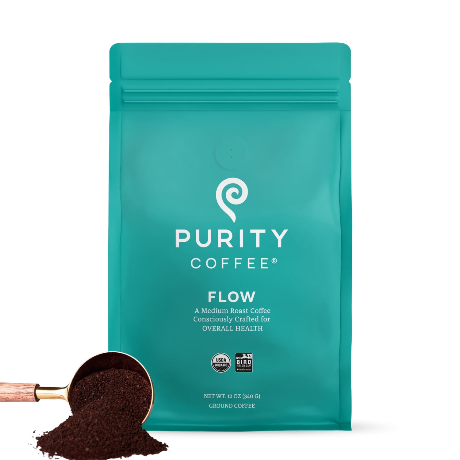 PURITY COFFEE bolsa frente mostrando etiqueta y diseño, claridad de la marca y producto