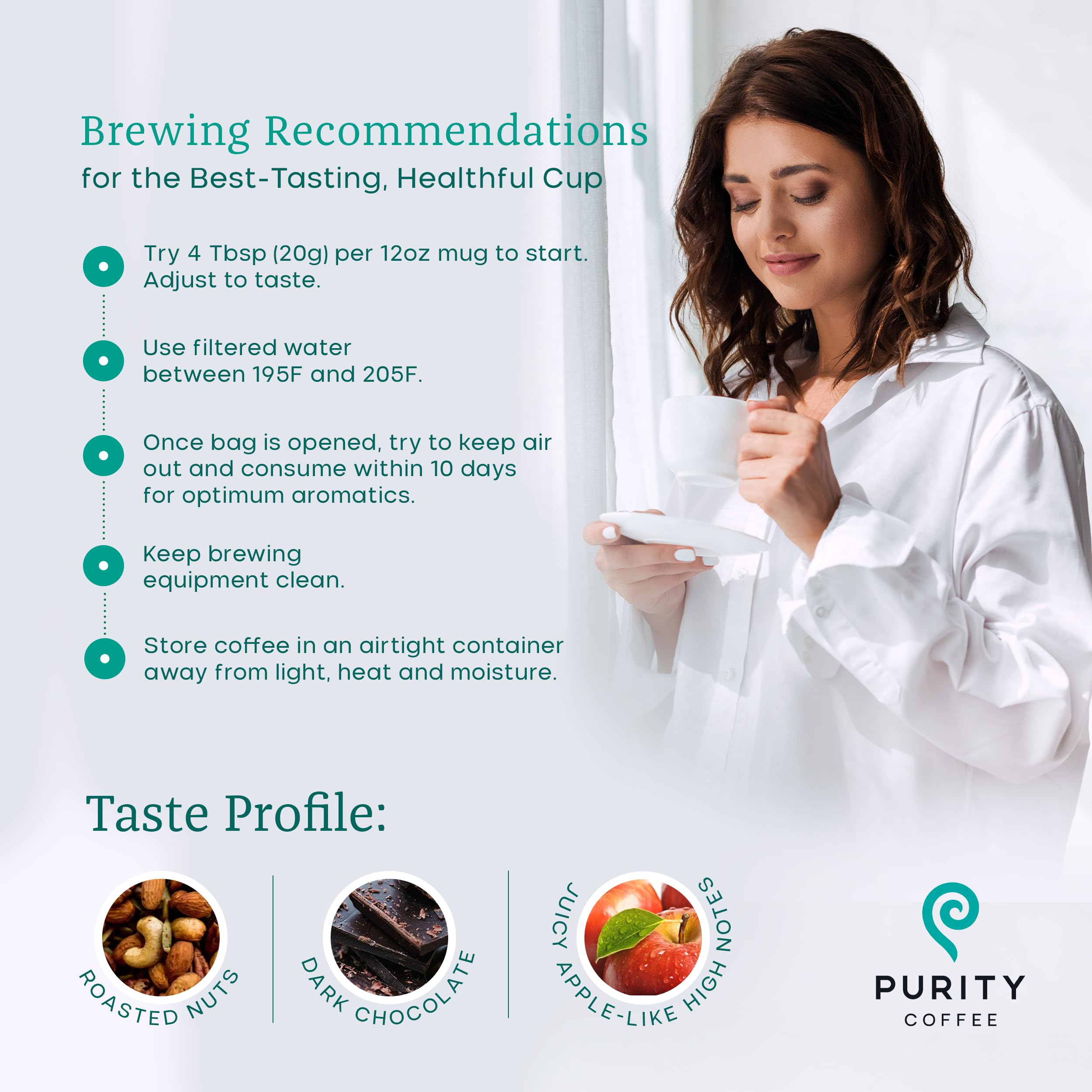 PURITY COFFEE bolsa junto a una regla para comparar tamaño de 12 oz, referencia clara