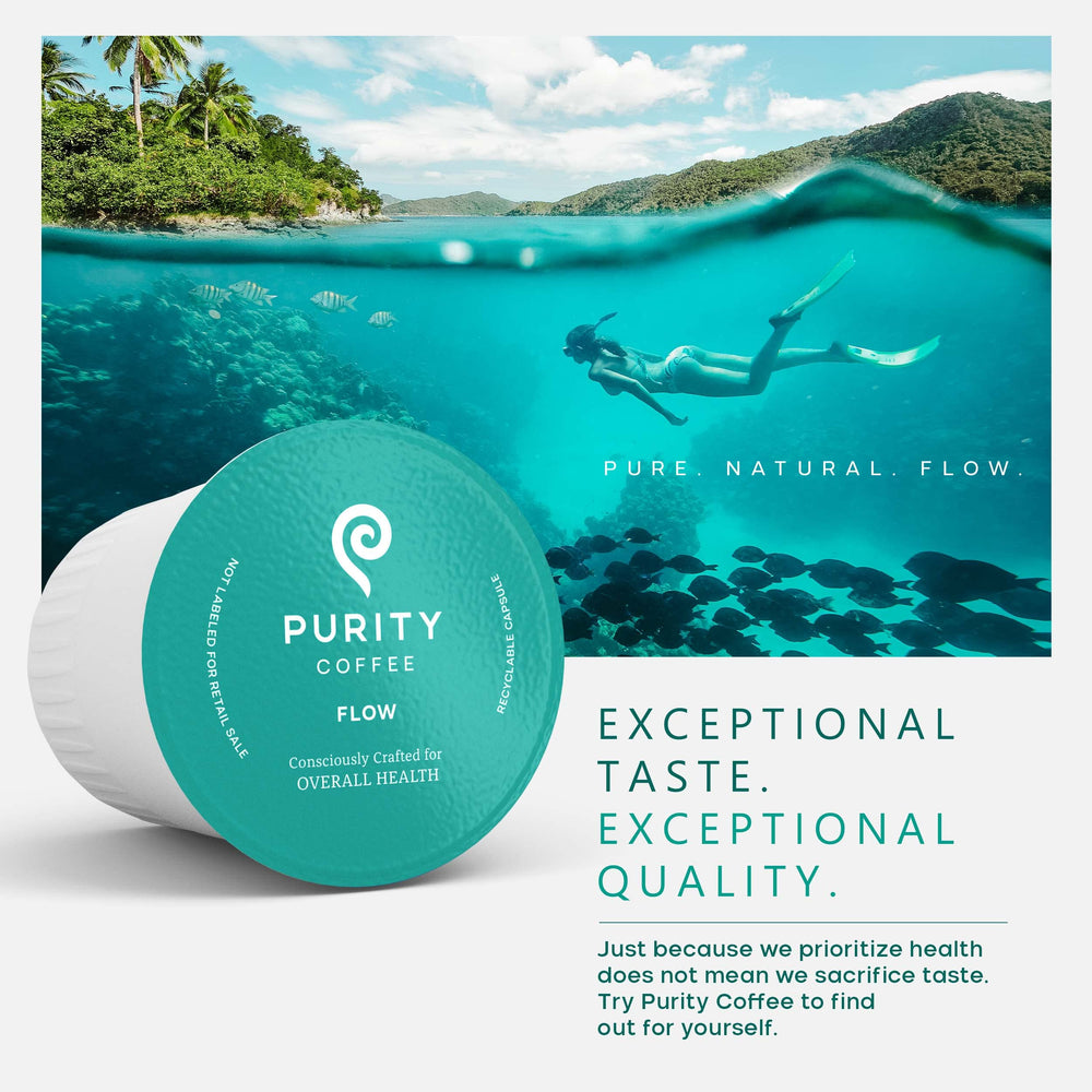 PURITY COFFEE etiqueta con certificaciones USDA Organic y Rainforest Alliance visible
