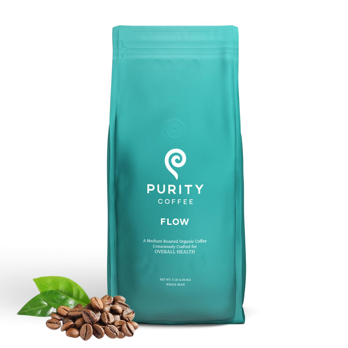 PURITY COFFEE bolsa frontal mostrando el diseño y beneficio de frescura