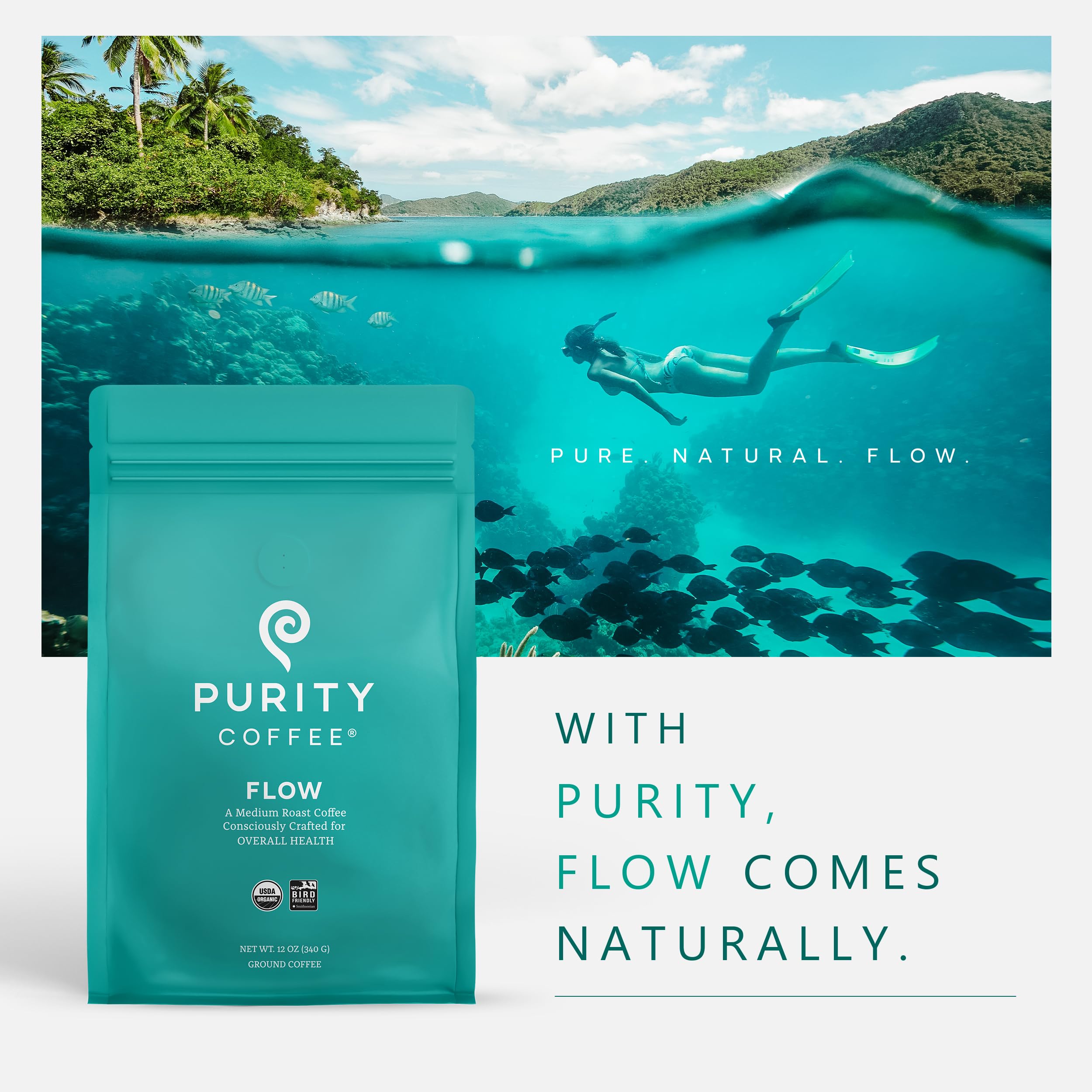 PURITY COFFEE etiquetas de certificación en la bolsa, evidencia de prácticas sostenibles