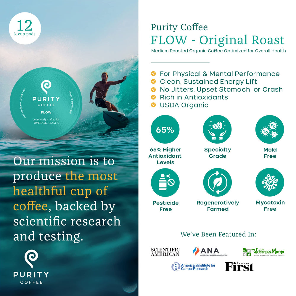 PURITY COFFEE polvo molido de FLOW mostrando textura y frescura preservada