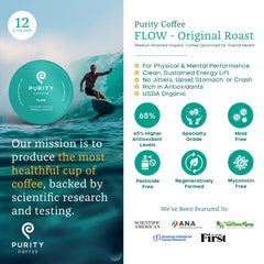 PURITY COFFEE polvo molido de FLOW mostrando textura y frescura preservada