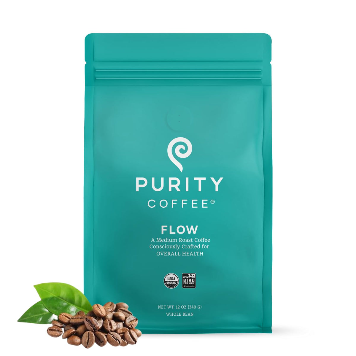 PURITY COFFEE paquete FLOW frente mostrando diseño y frescura preservada
