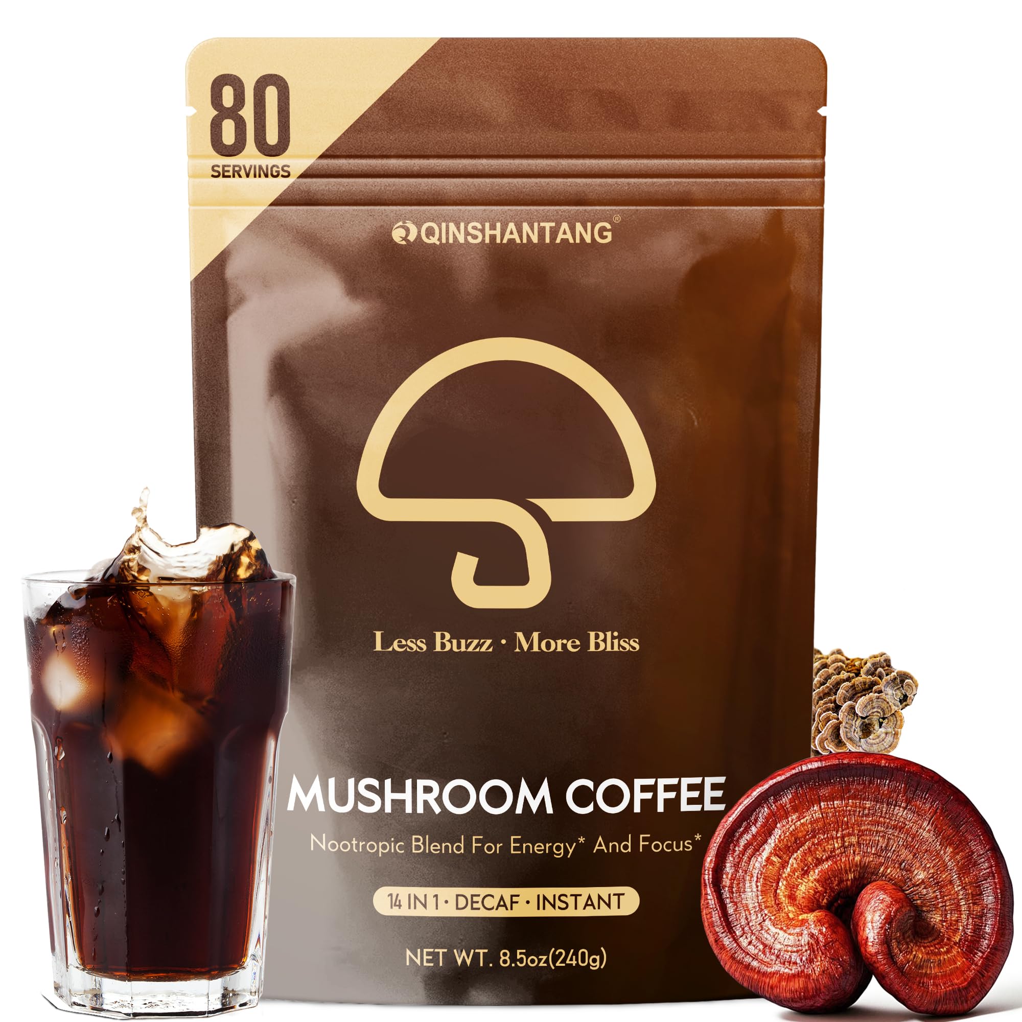 QIN SHAN TANG envase frontal del café de hongos descafeinado mostrando formato y marca