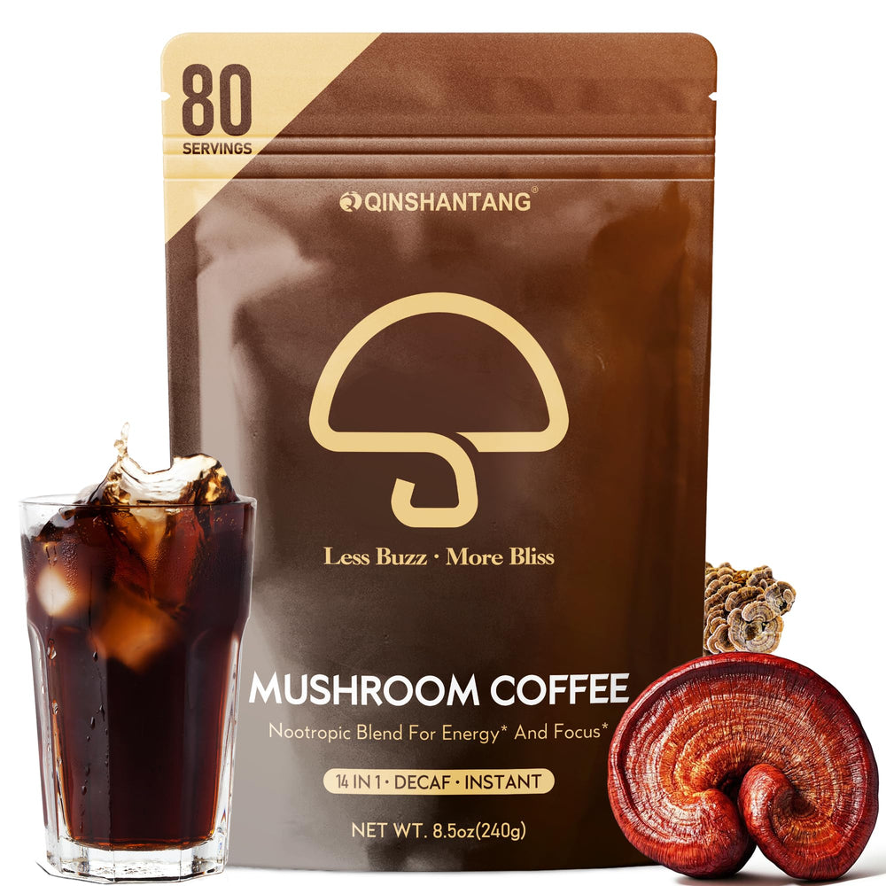 QIN SHAN TANG envase frontal del café de hongos descafeinado mostrando formato y marca