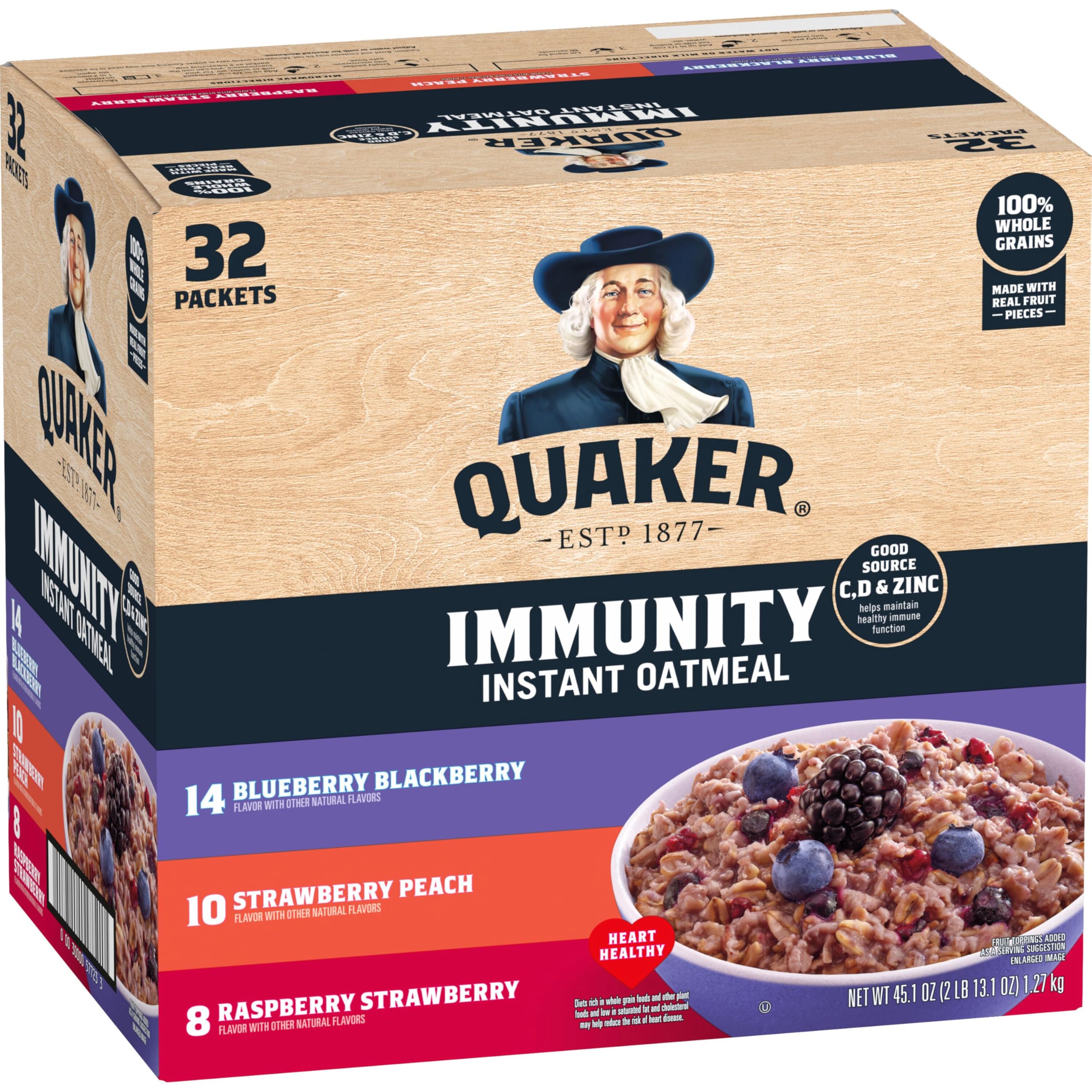 Quaker envase frontal surtido mostrando 32 sobres y beneficios rápidos