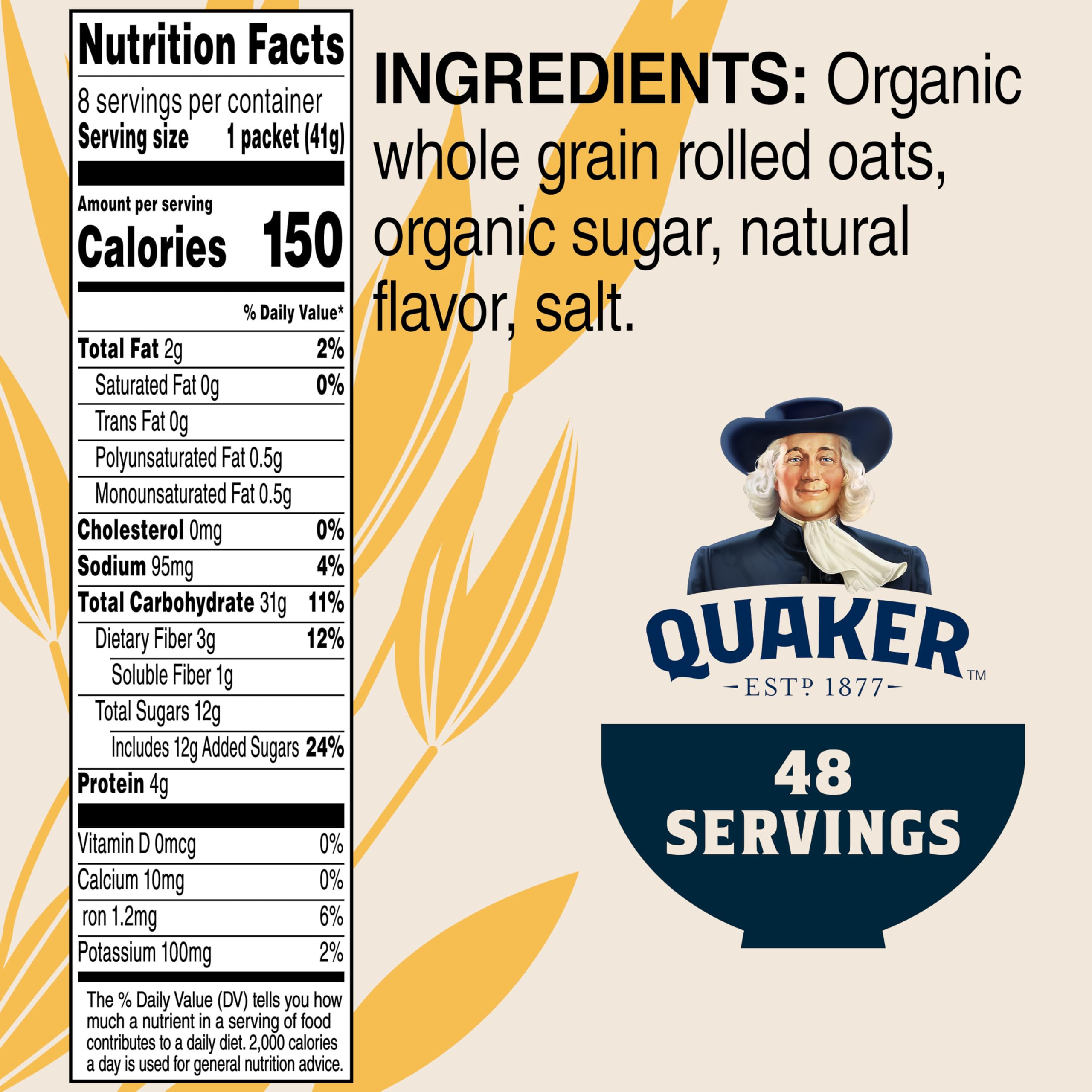 Quaker etiqueta visible con sellos USDA Organic y Non-GMO Project para confianza