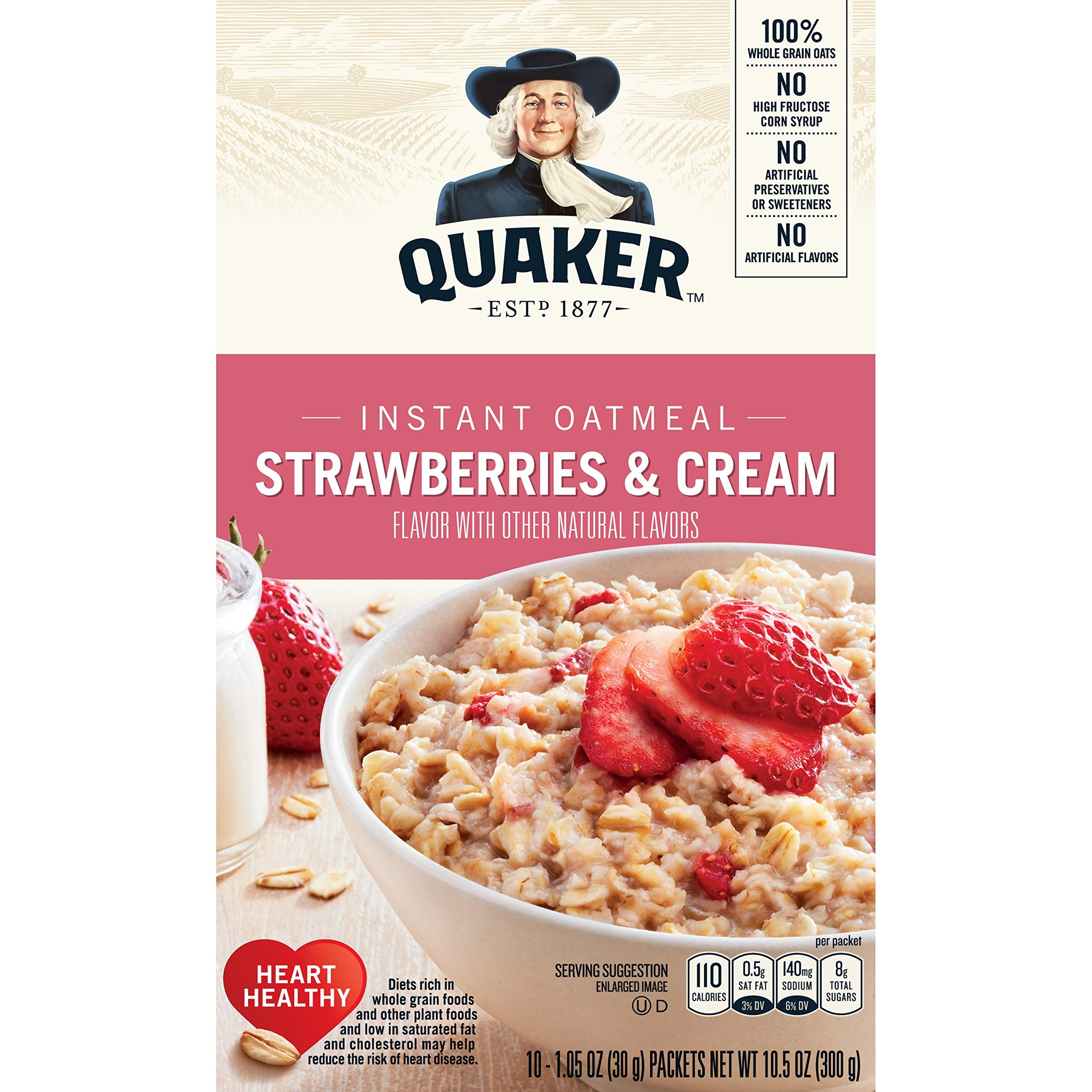 Quaker paquete frente mostrando 10 sobres, práctico y nutritivo