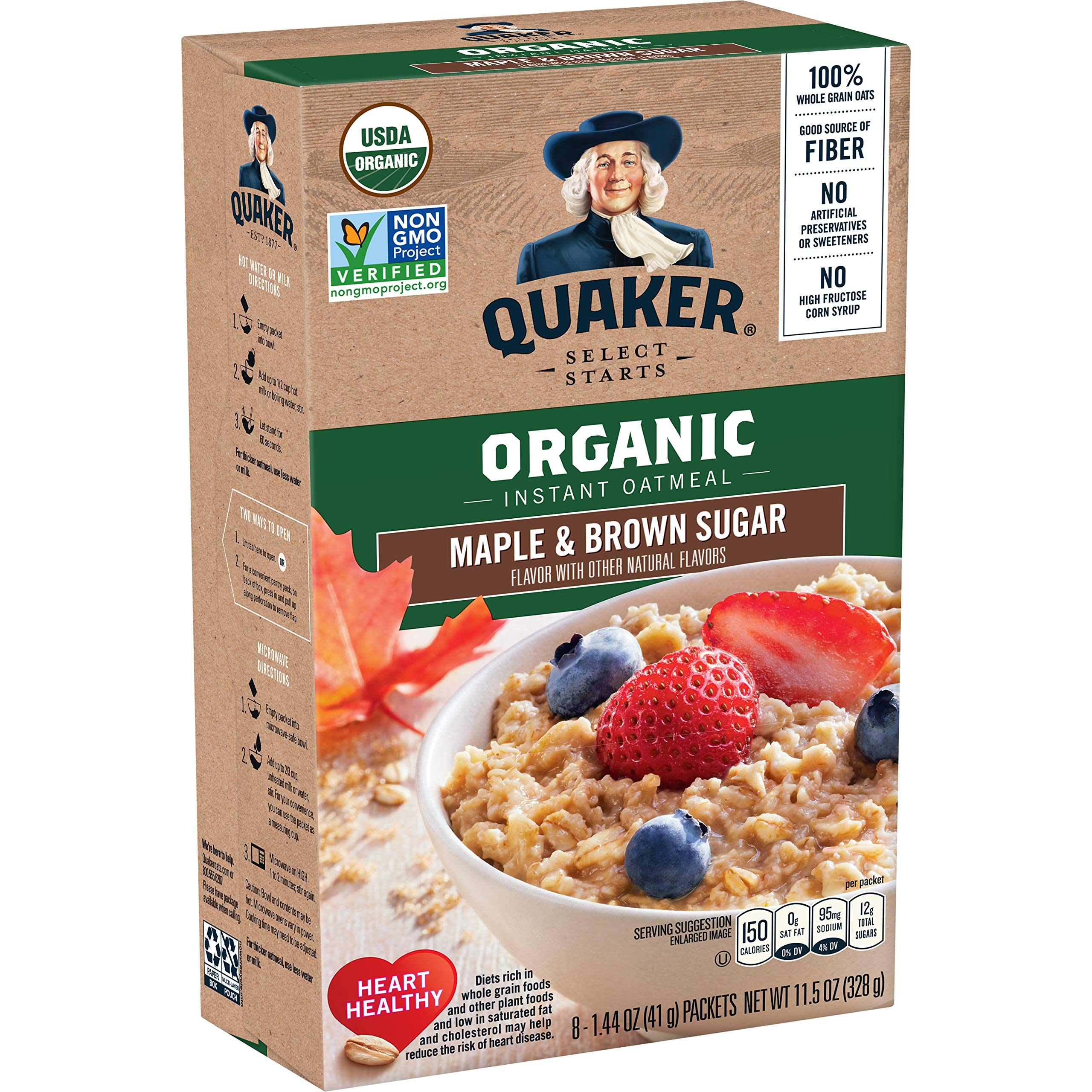 Quaker frente del empaque con sabor maple y azúcar moreno mostrando cantidad pack