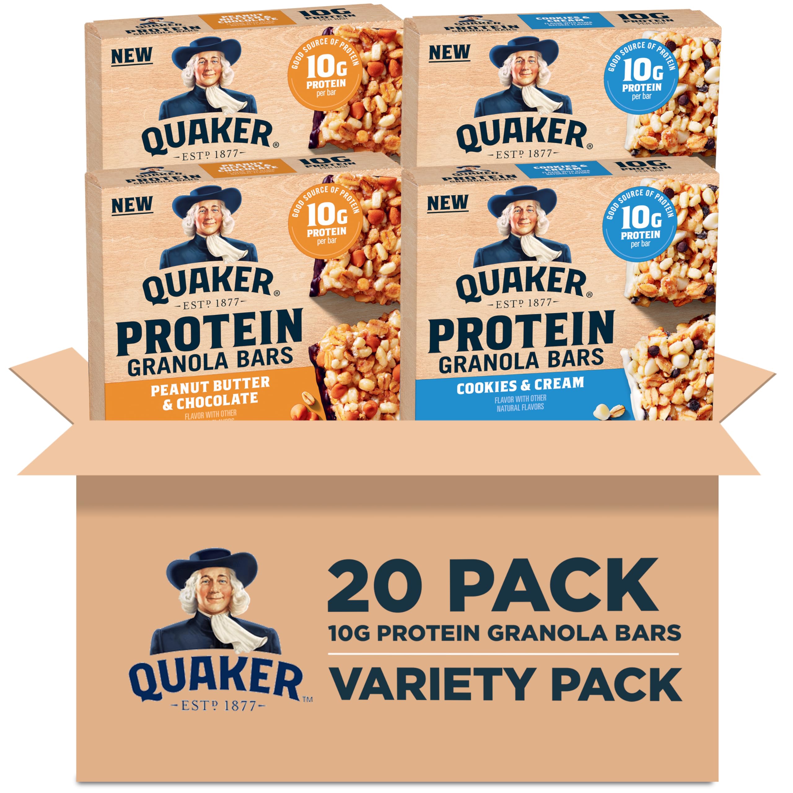 Quaker frontal: paquete mixto de barras proteicas, conveniente para llevar