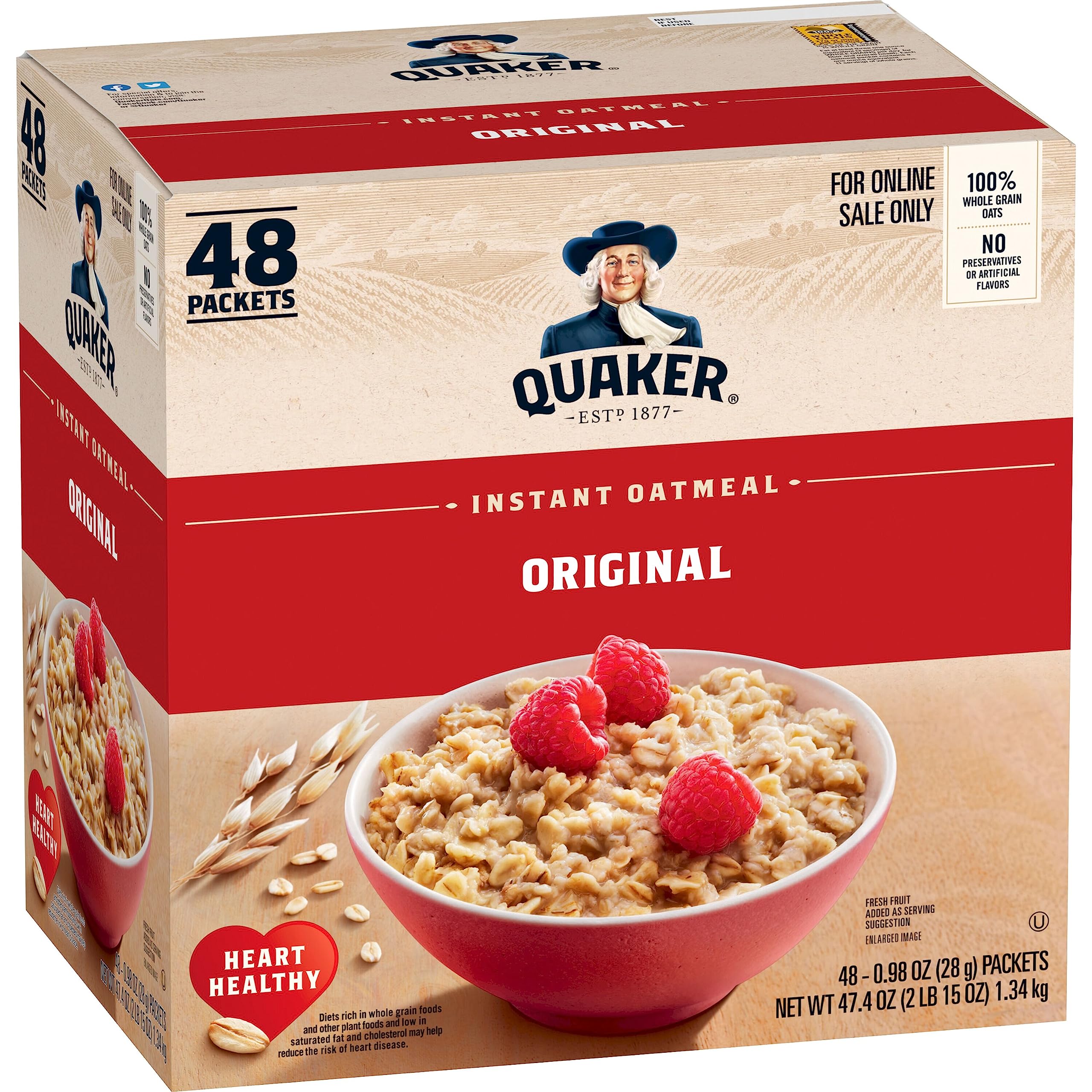 Quaker paquete frontal original mostrando 48 sobres, conveniencia inmediata