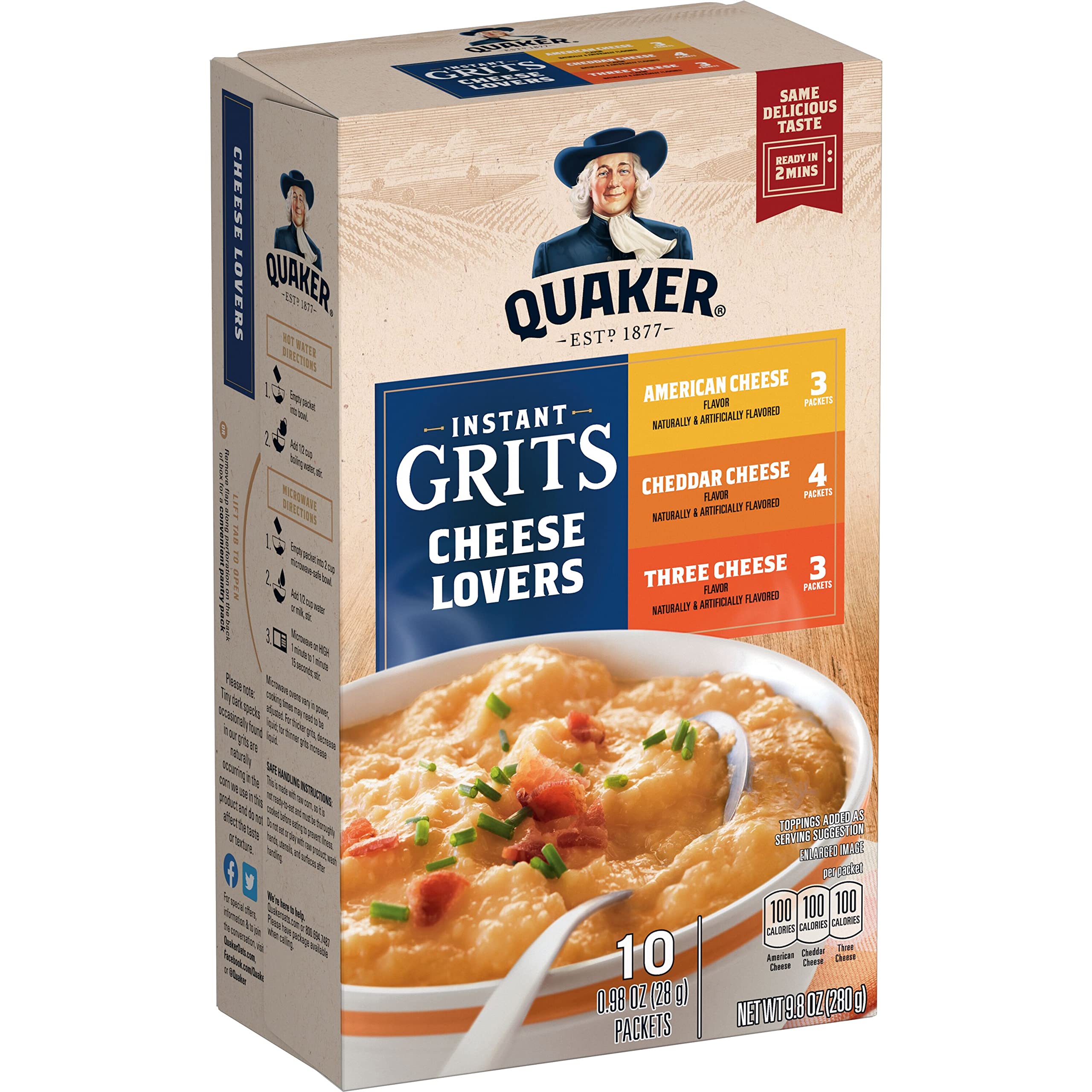 Quaker paquete frontal mostrando variedad Cheese Lovers y beneficio conveniencia