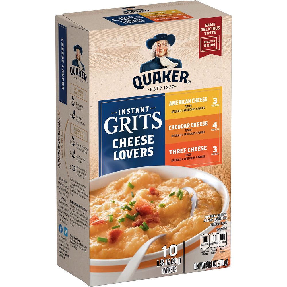Quaker paquete frontal mostrando variedad Cheese Lovers y beneficio conveniencia