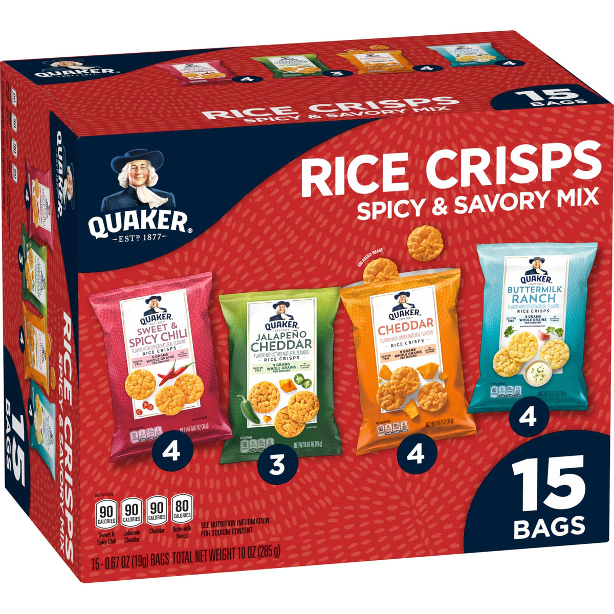Quaker empaque frontal mostrando mezcla picante y salada, conveniencia portátil