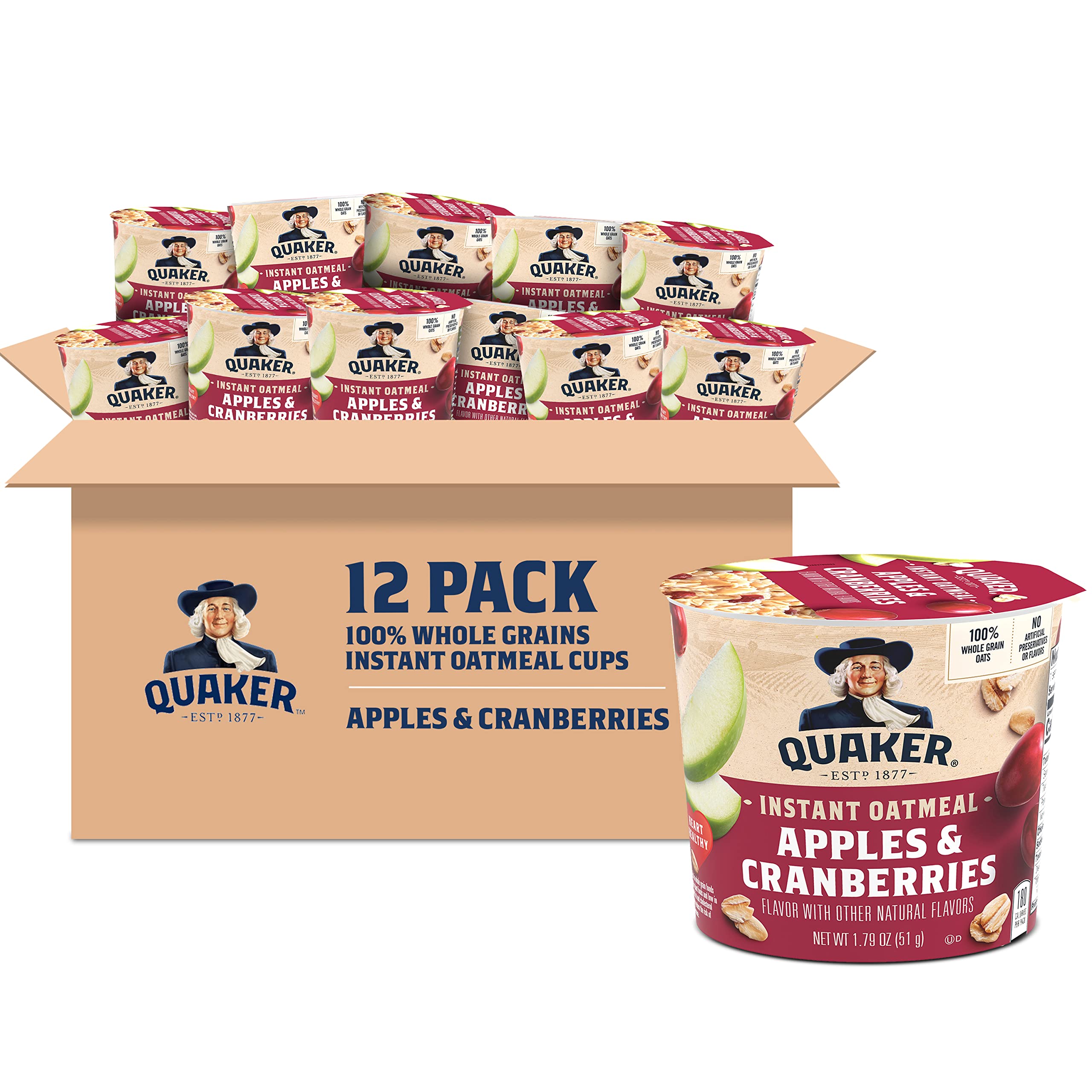 Quaker taza frontal con manzana y arándano mostrando envase práctico y listo
