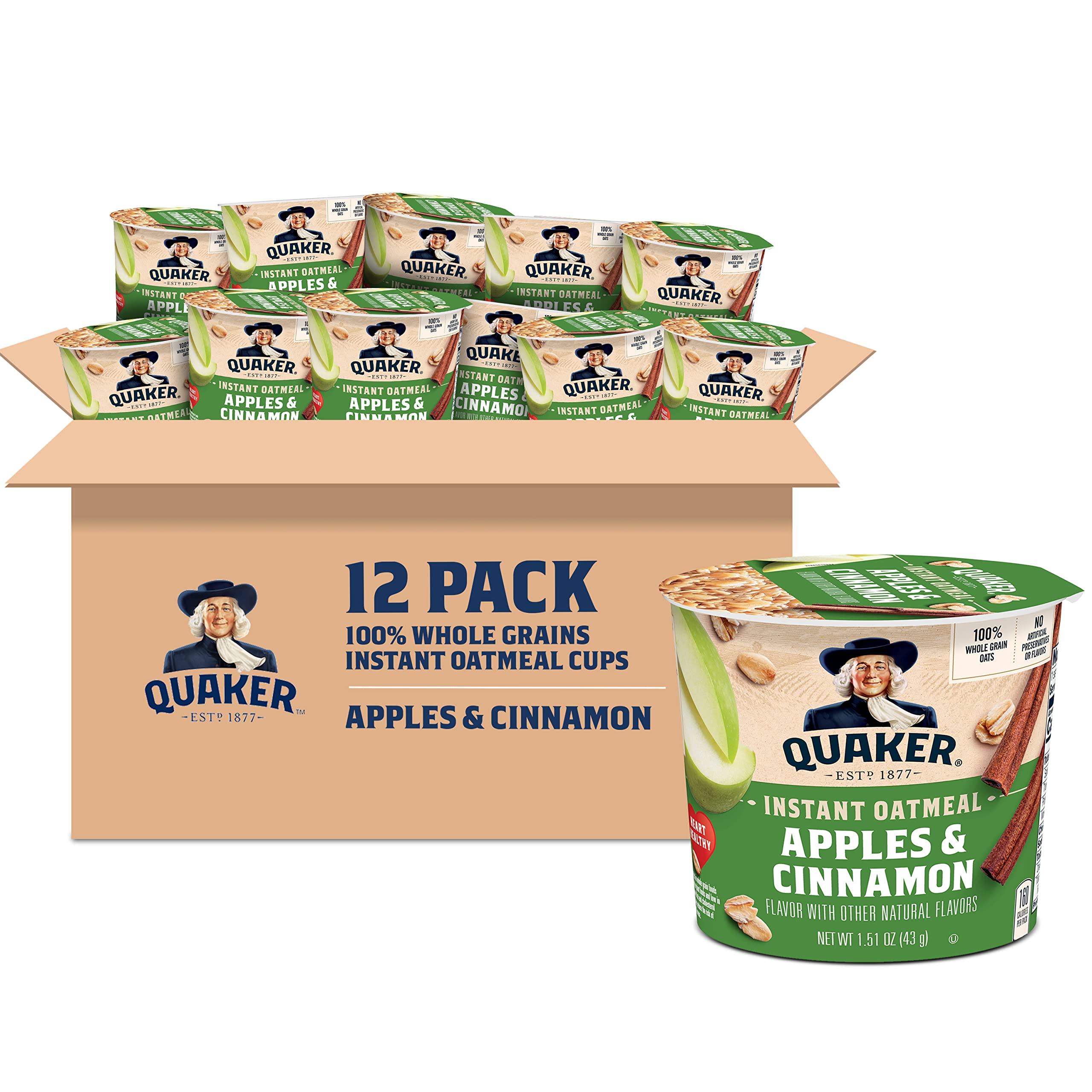 Quaker taza frontal con manzana y canela, desayuno rápido y sabroso