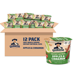 Quaker taza frontal con manzana y canela, desayuno rápido y sabroso